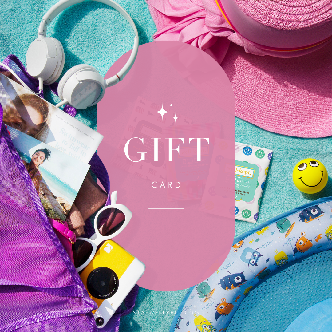 A vibrant "Well-Kept Gift Card" graphic over summer beach essentials—hat, headphones, sunglasses, camera, pool float, and magazine—offers the convenience of fast email delivery as a digital gift.