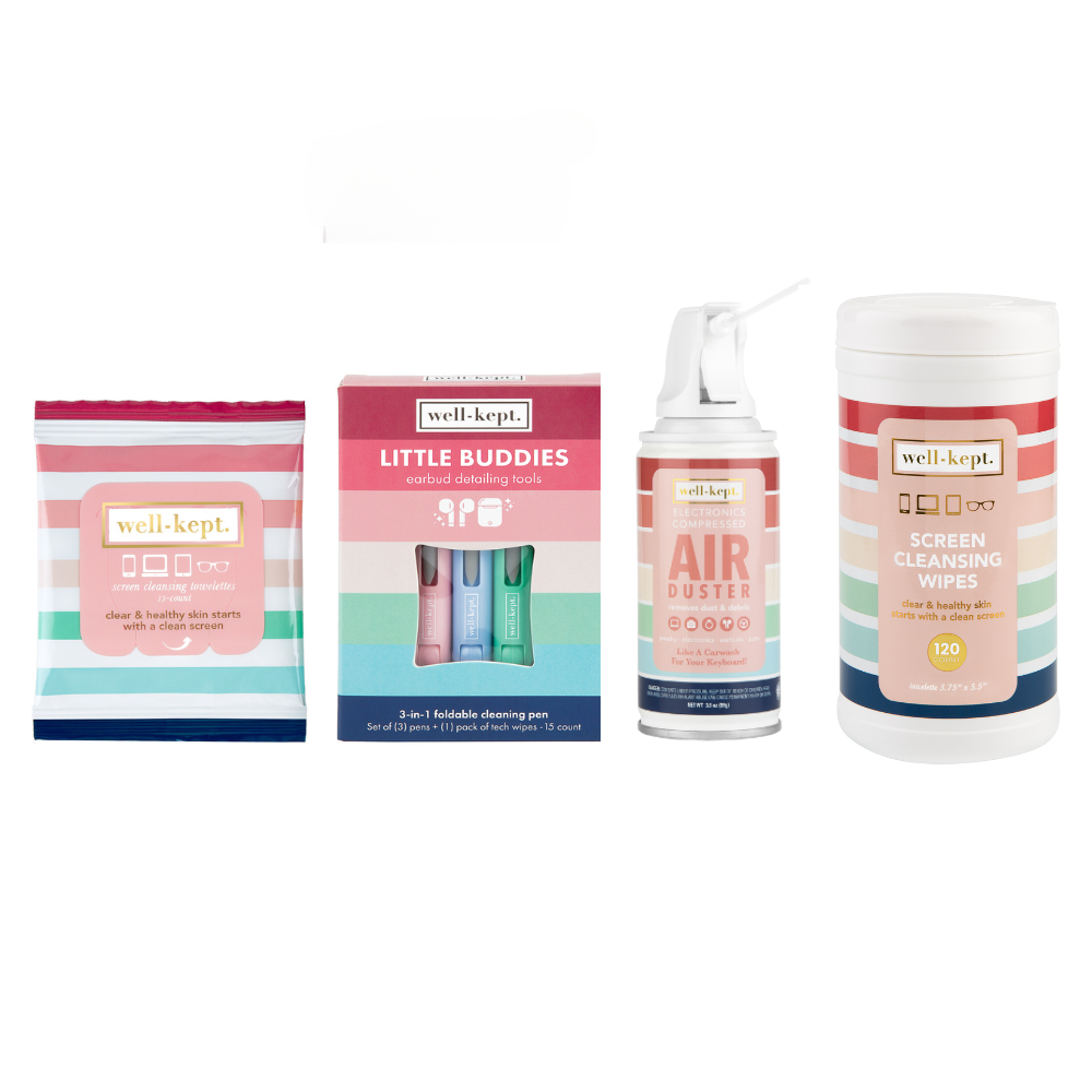 The Better Days-Bundle includes four well-kept tech cleaning products: tech wipes, cleaning tools, an air duster, and a convenient wipes canister.