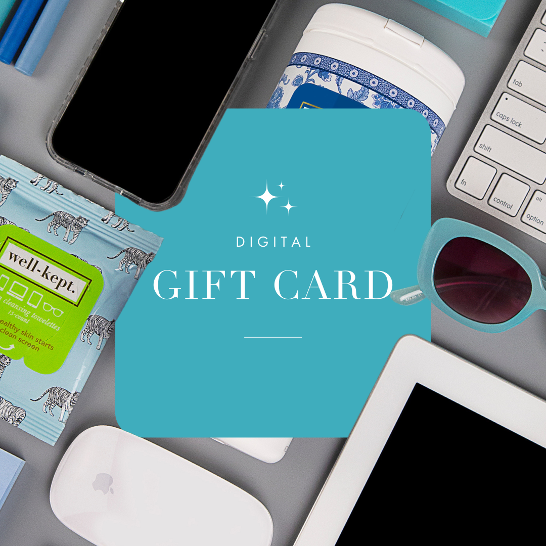 A teal "Well-Kept Gift Card" sign hovers over electronics, sunglasses, and screen wipes on a gray background—ideal for fast email delivery.