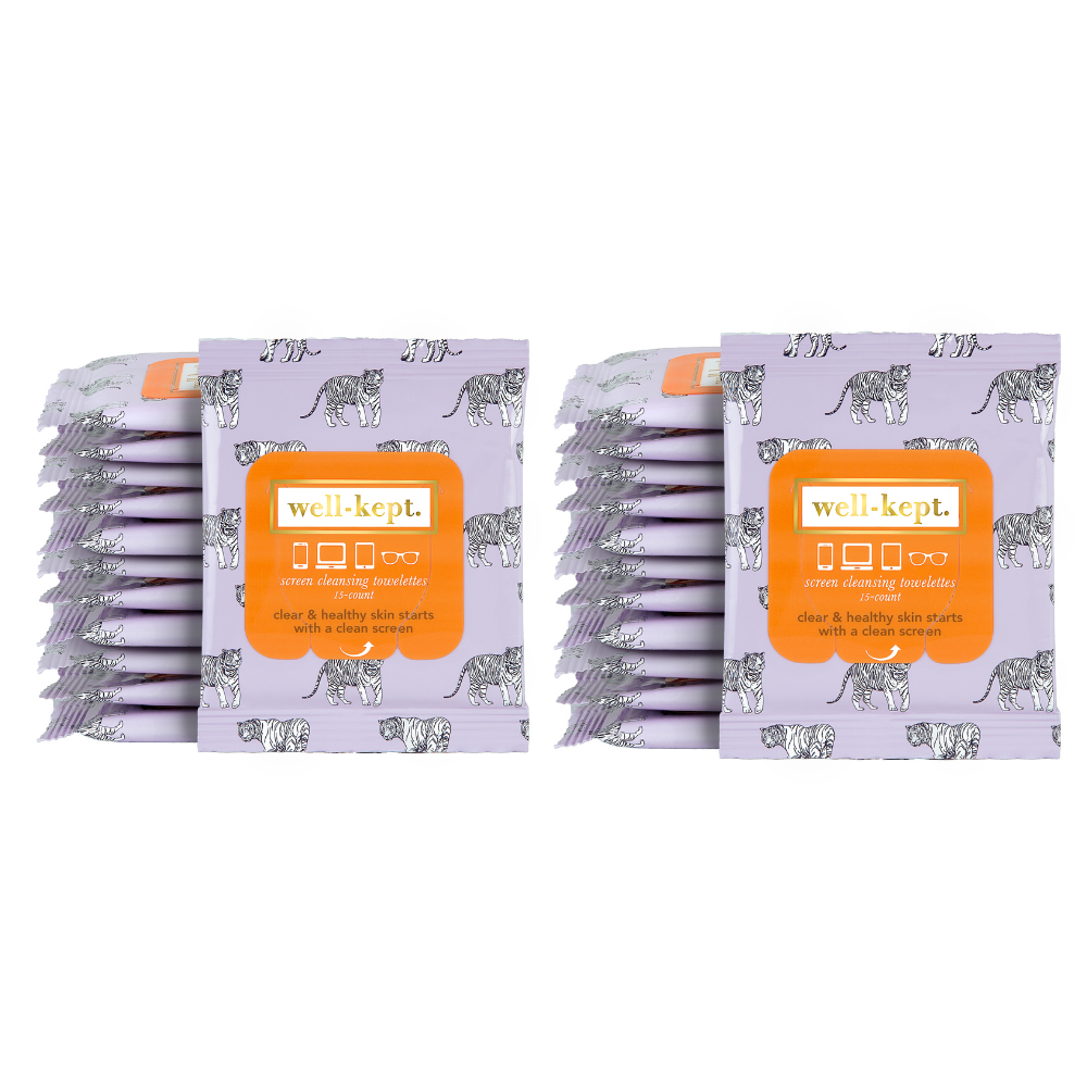 Two stacks of TIGER POSE (24) Twenty Four Pack screen cleansing towelettes in purple packaging with bold tiger designs—perfect for keeping your devices spotless.
