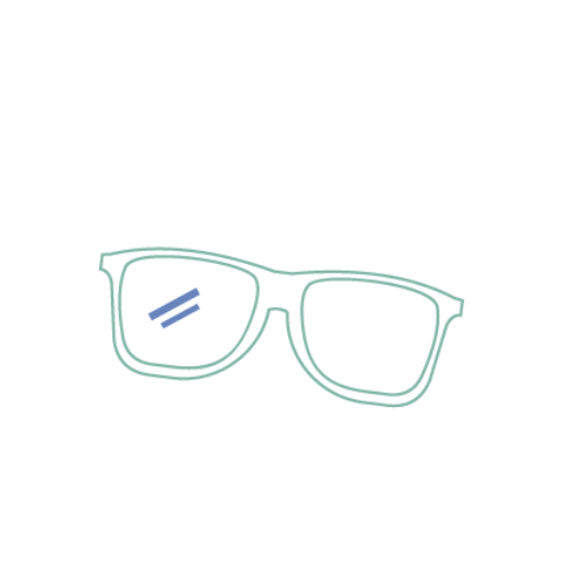 Simple illustration of eyeglasses with two blue lines on the left lens and a sparkle on the right side.