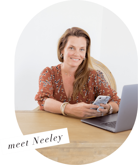 Smiling woman with light brown hair, holding a phone, sits at a desk with a laptop; text reads "meet Neeley.
