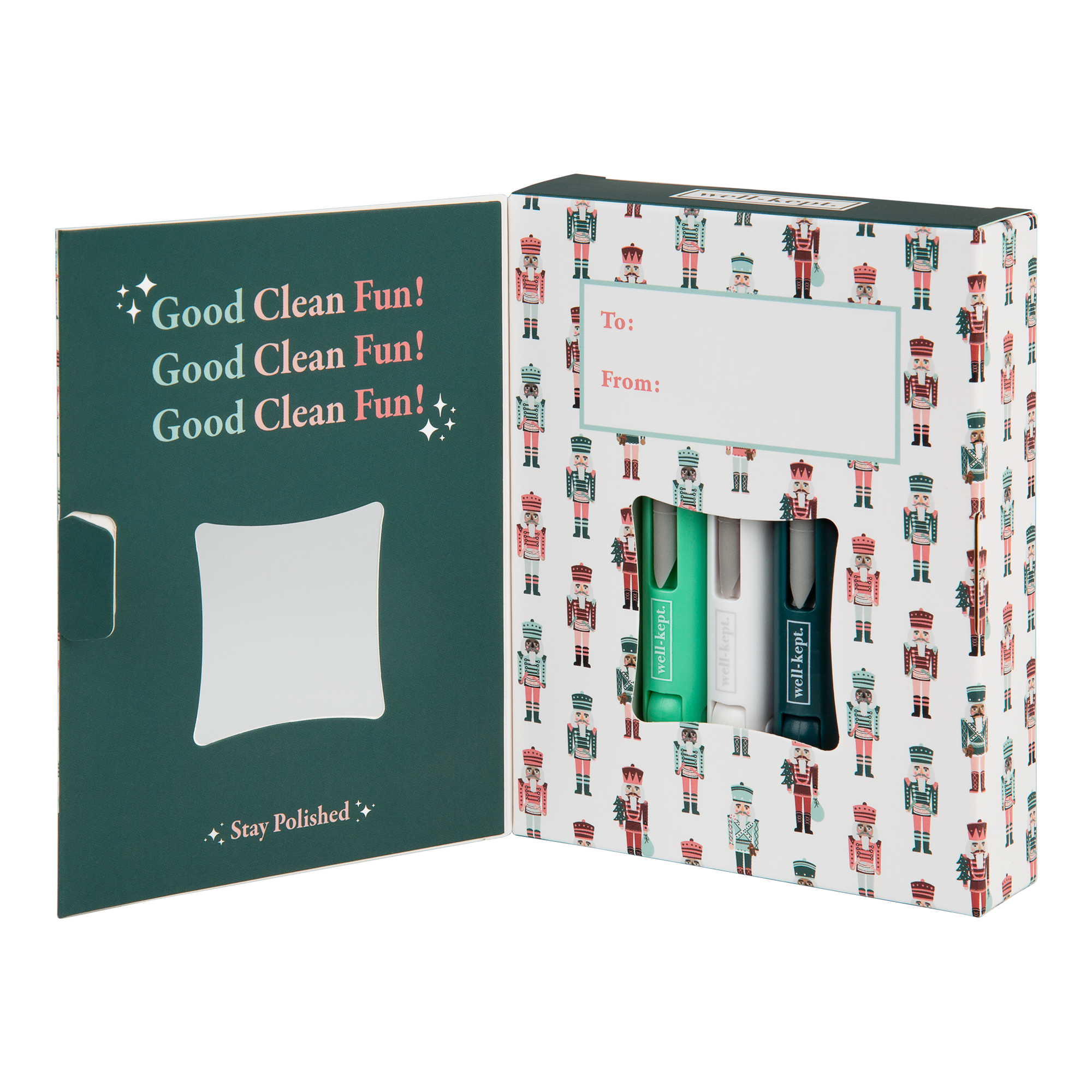 Well-Kept holiday gift set with Nutcracker print packaging, three reusable cleaning pens inside, and a ‘To/From’ label for gifting.