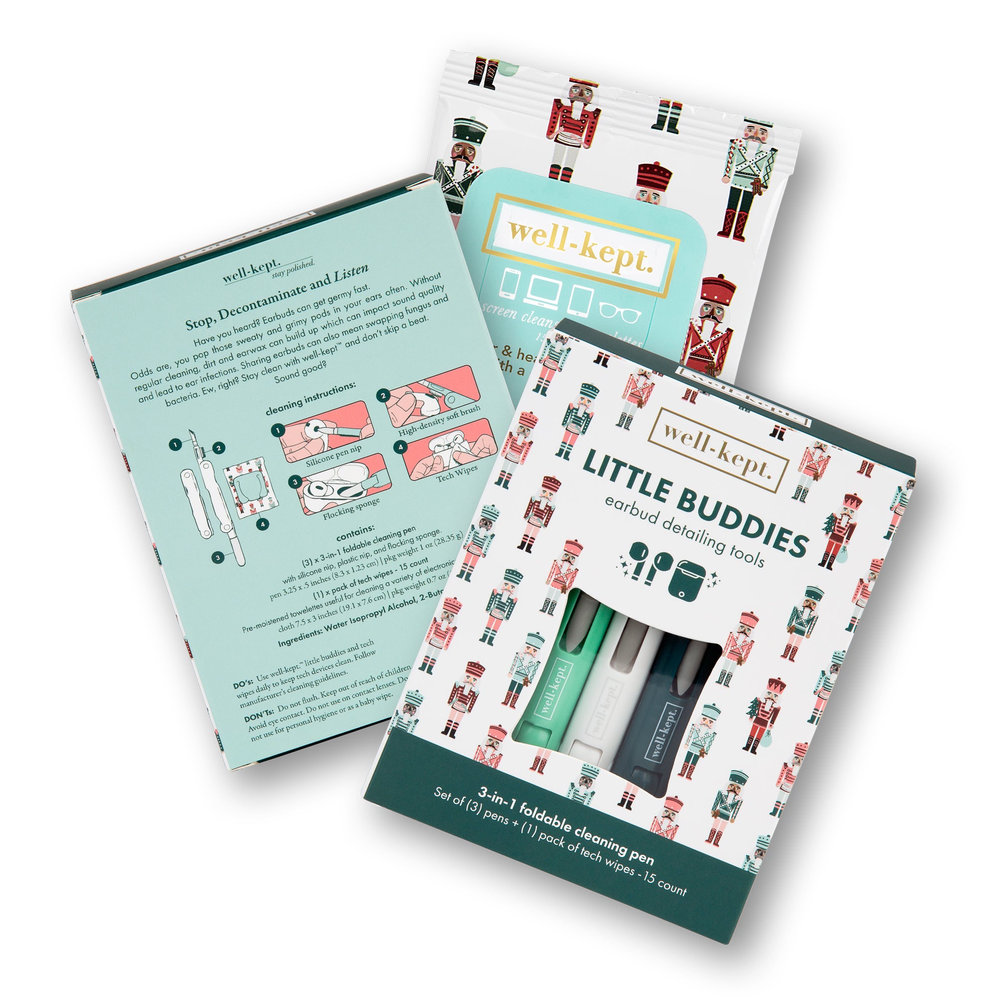 Packaging of an earbud cleaning kit with illustrations of earbuds and cleaning tools, titled 'LITTLE BUDDIES - Nutcracker'. The packaging is primarily green and white with additional red and blue accents.