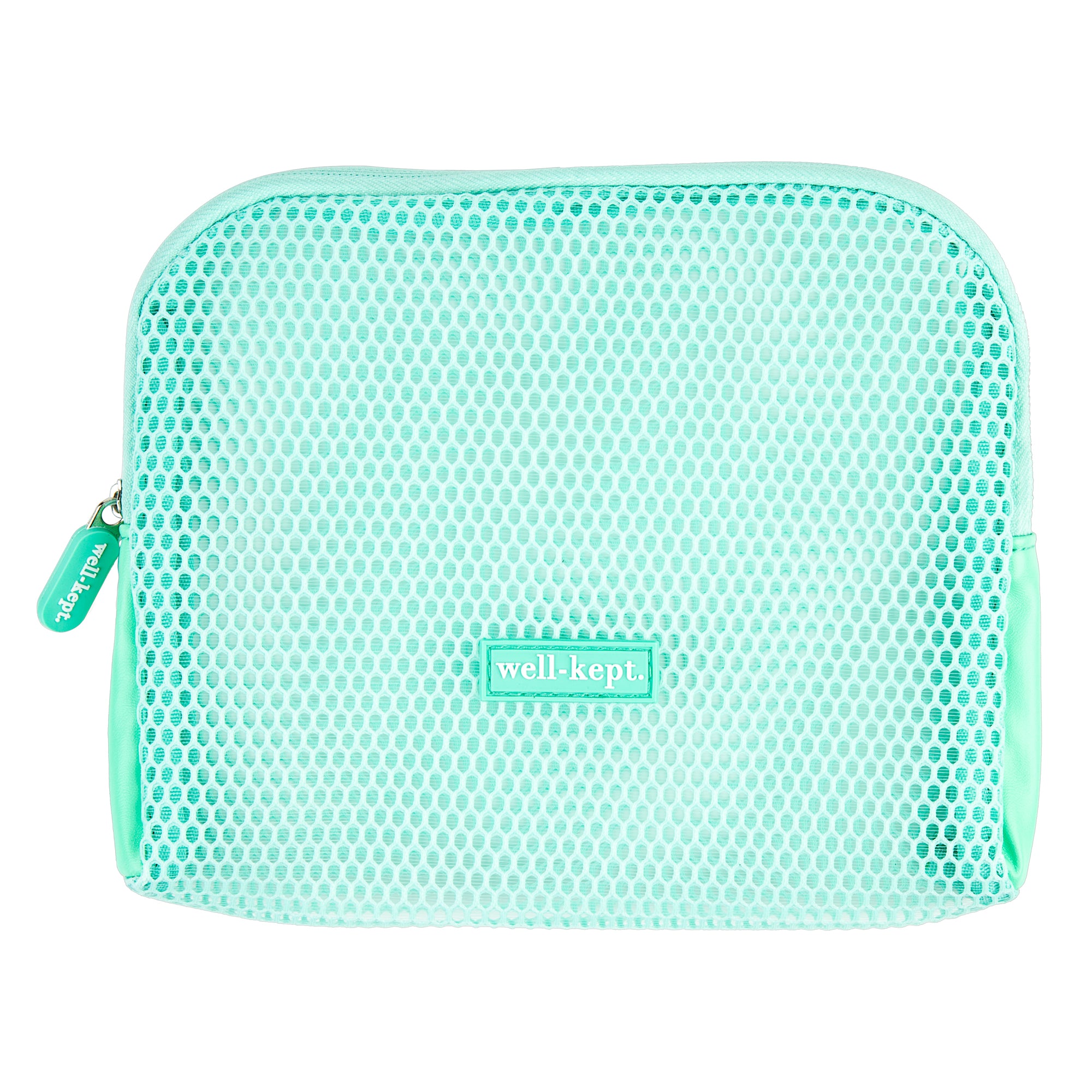 The Mesh Tech Pouch in mint green features a "well-kept." label on the front, ideal for organizing your essentials while you're on the go.