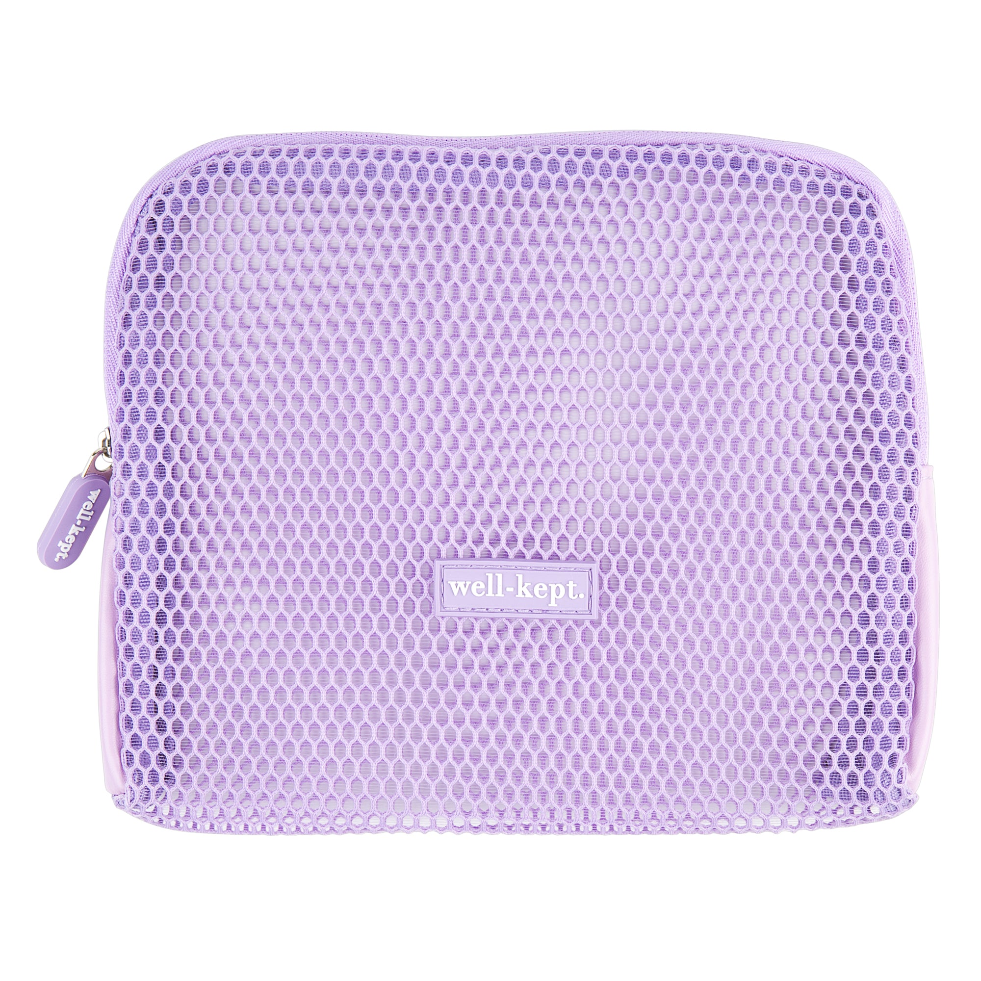 The Mesh Tech Pouch is a shiny lavender, lightweight nylon bag with a honeycomb texture, zippered closure, and "well-kept." label—perfect for carrying wipes and travel essentials in style.