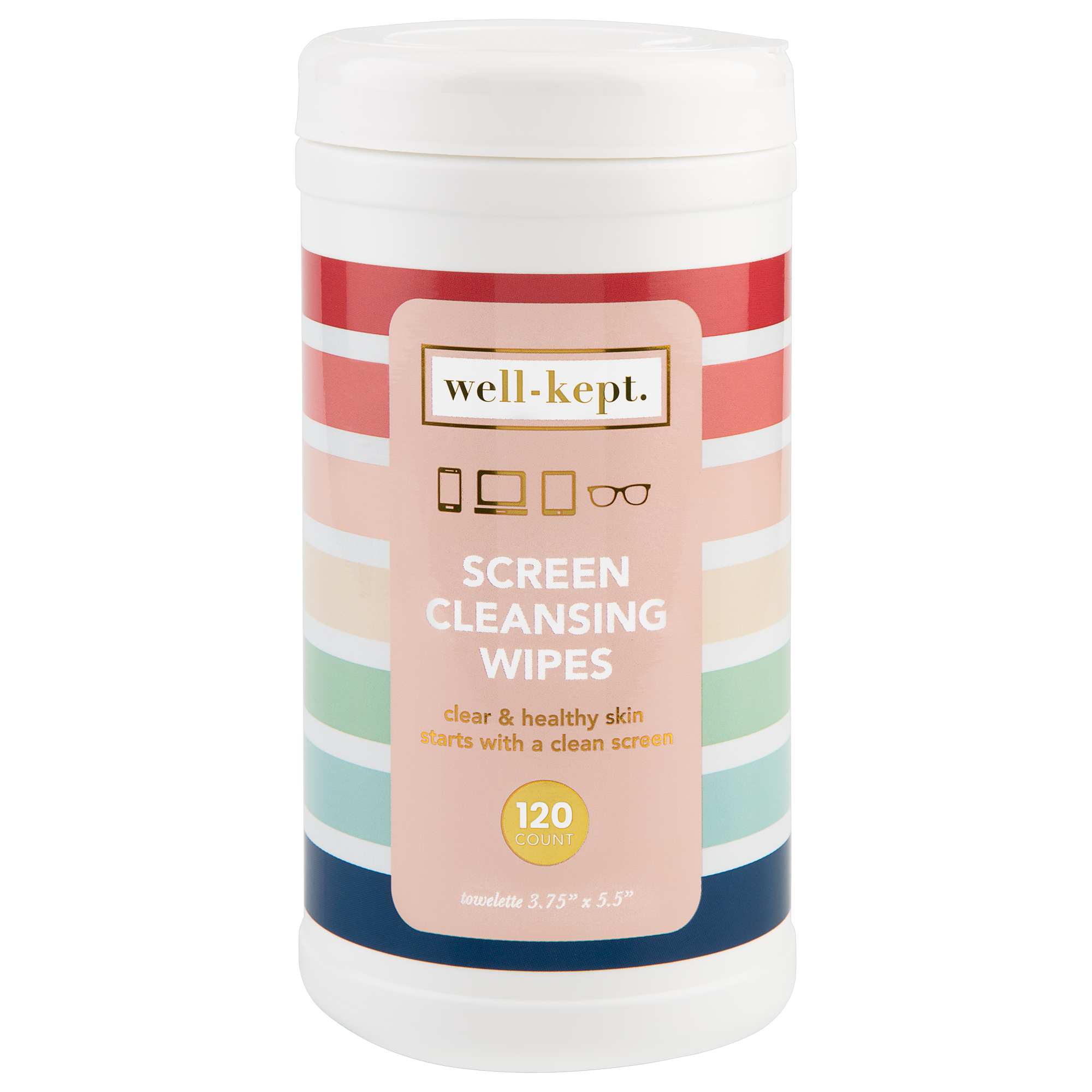 A container of Better Days- Bundle tech wipes with colorful stripes holds 120 wipes—ideal for keeping your screens spotless.