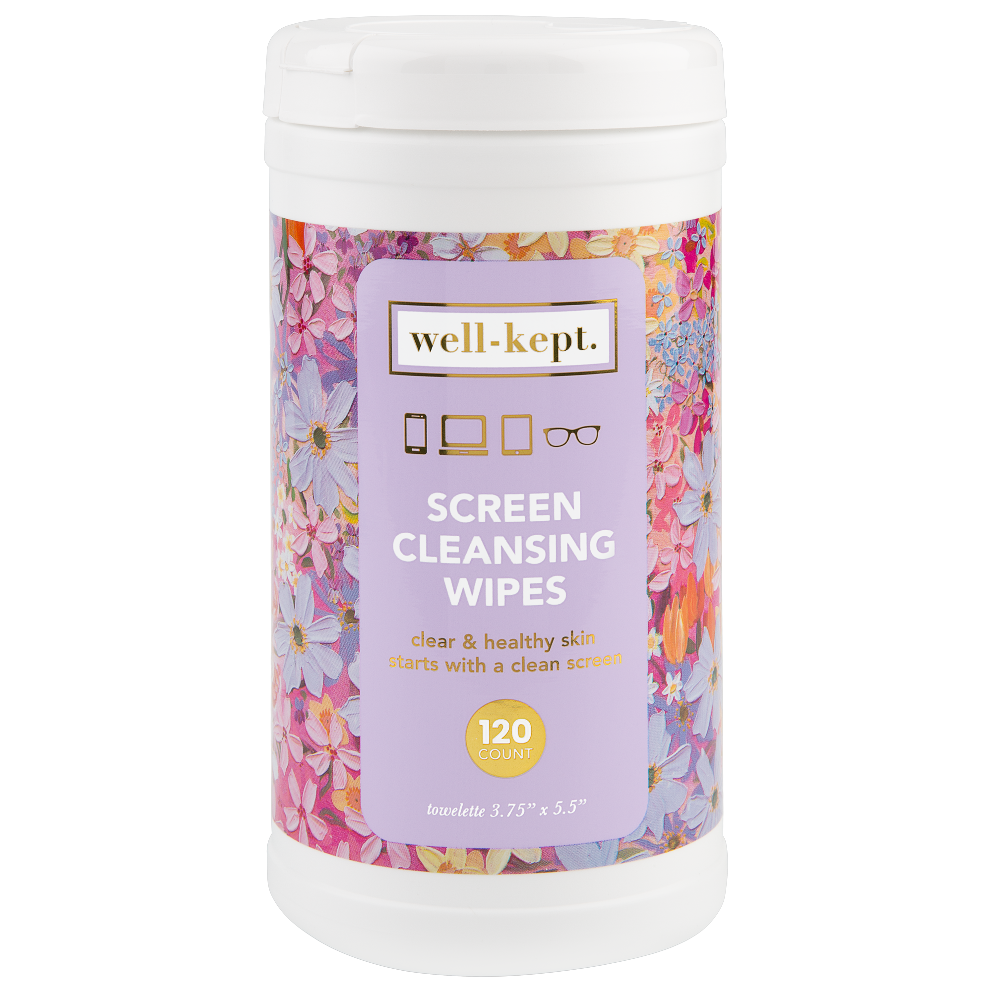 The NEW SIZE - FLOWER POWER CANISTER contains pre-moistened Well-Kept electronics cleaning wipes with a floral label and device icons, perfect for wiping away germs from tech and glasses.