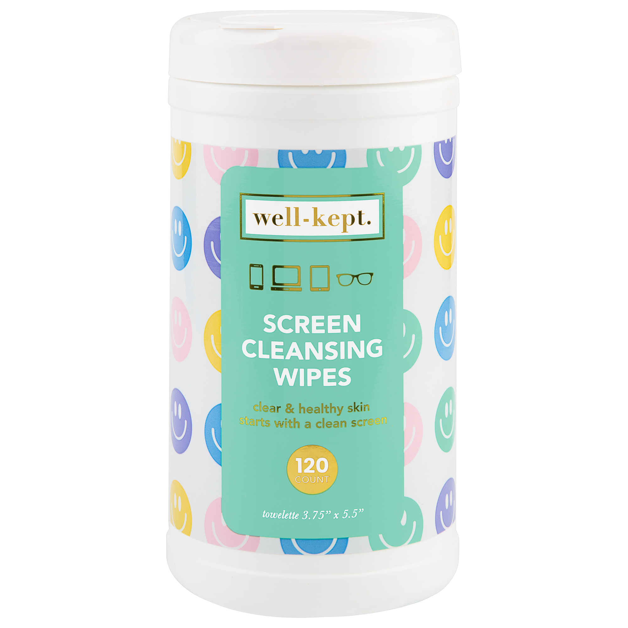 The NEW SIZE - ALL SMILES CANISTER offers electronics cleaning wipes in a vibrant canister with a cheerful smiley face, featuring handy pre-moistened towelettes to help keep your tech germ-free.