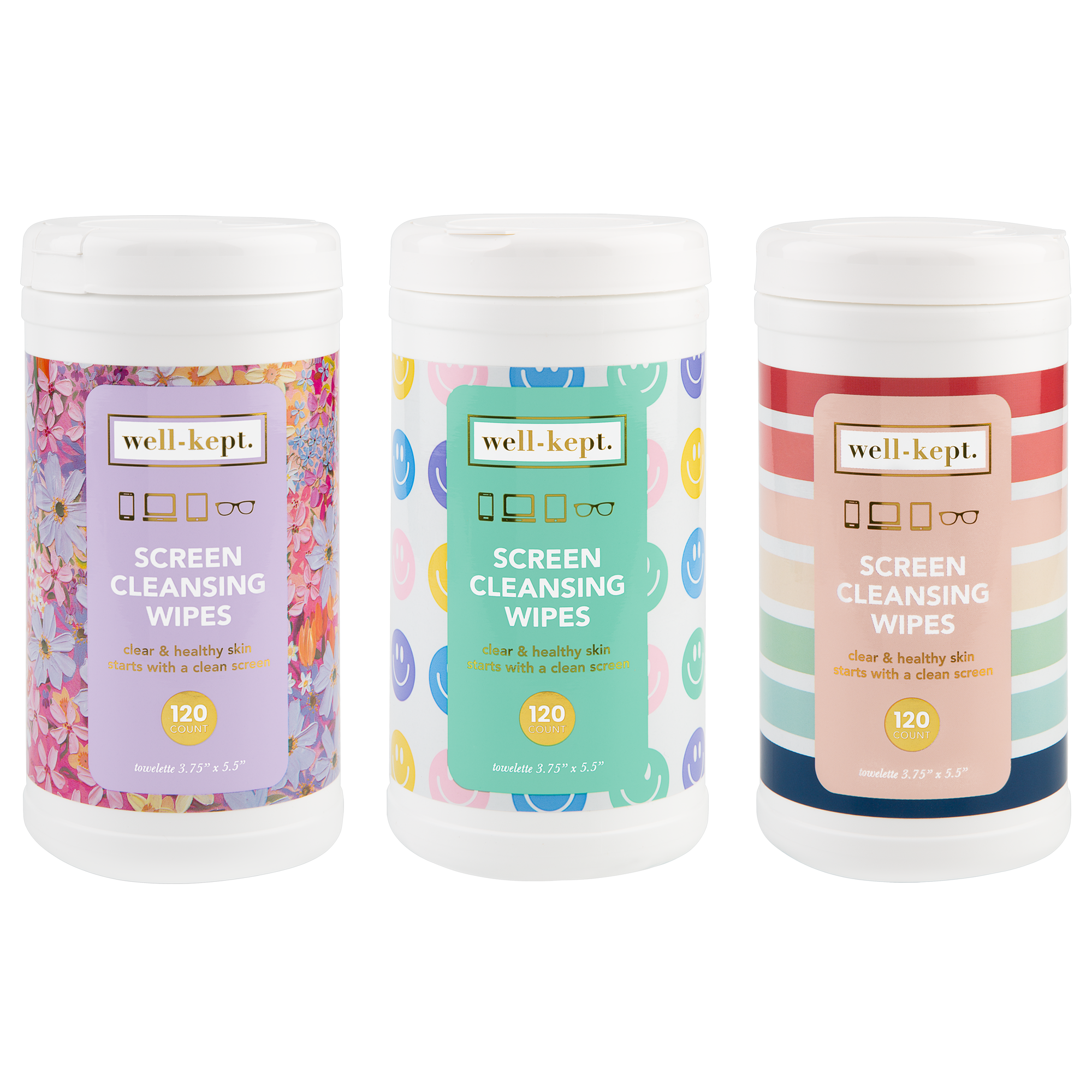 The NEW SIZE - CANISTER TRIO features three Well-Kept tech cleaning wipe canisters with vibrant, patterned labels, each providing pre-moistened towelettes ideal for safely cleaning your screens and electronics.