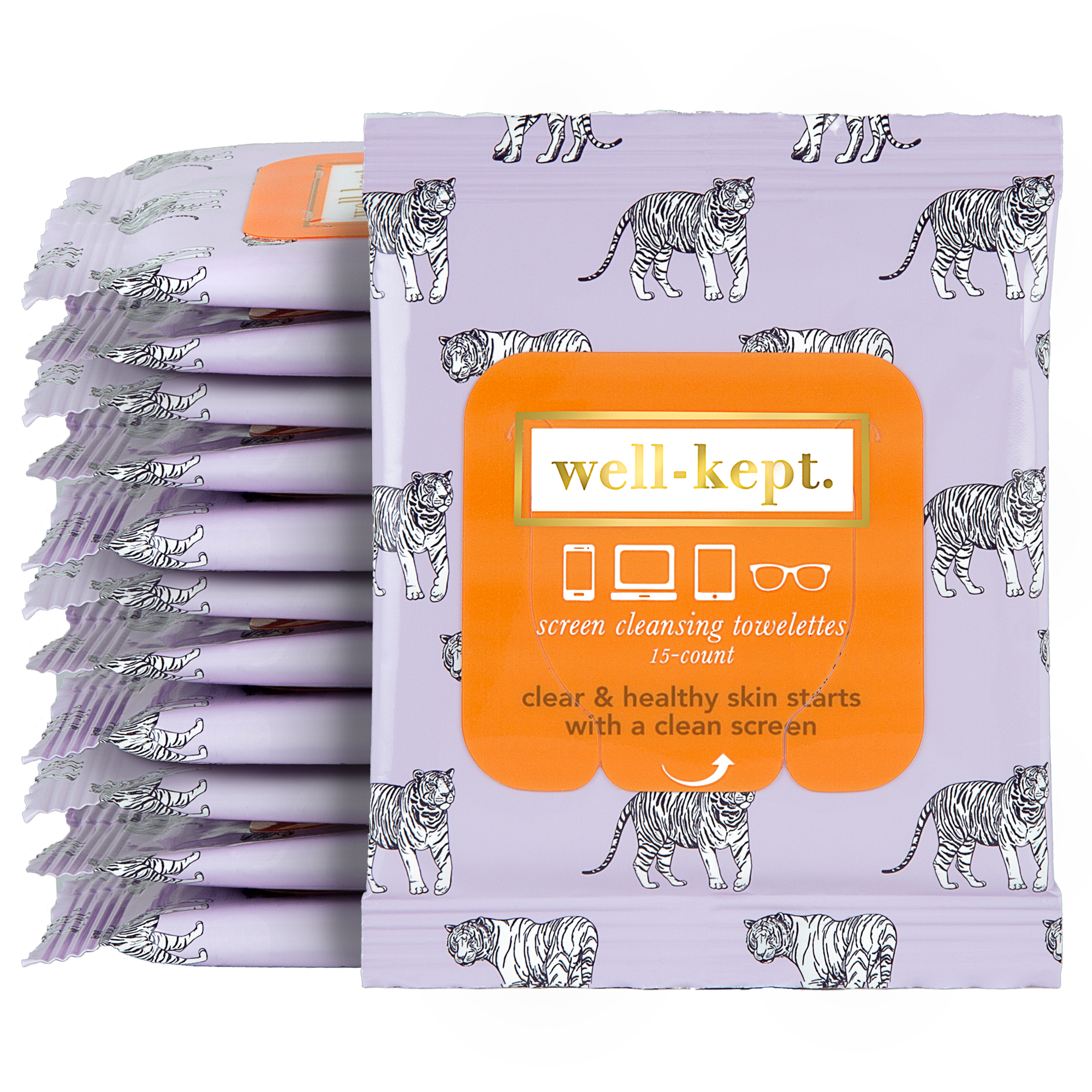TIGER POSE - Twelve Pack (12): Lavender-scented electronics cleaning wipes with playful Well-Kept Tiger Pose illustrations—12 convenient towelettes for screen cleansing.