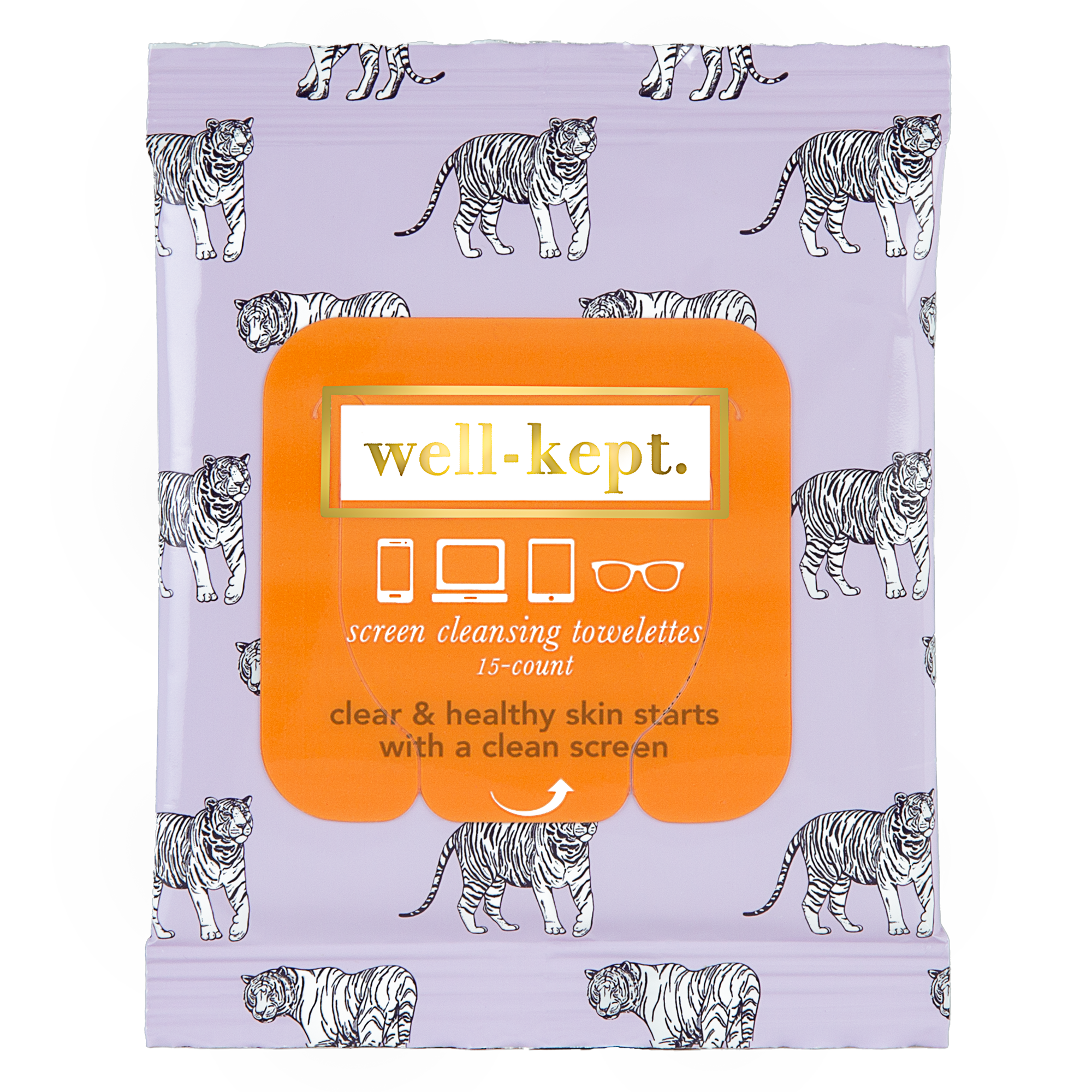 A pack of TIGER POSE electronics cleaning wipes with screen-cleansing towelettes decorated with illustrated tigers on a lavender background.
