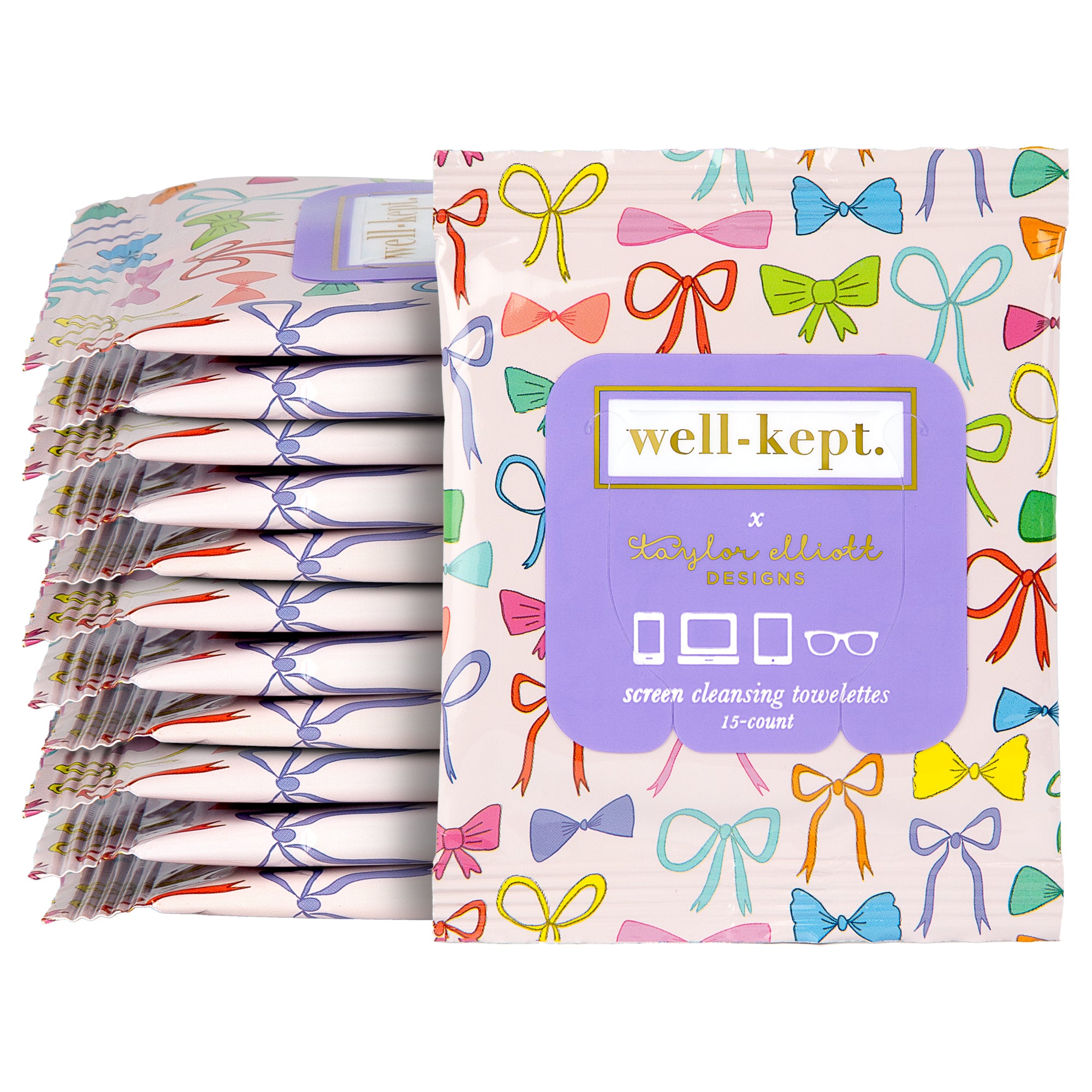 The TATUM - Twelve Pack (12) includes colorful electronics cleaning wipes with bow designs and a lavender label for stylish, effective screen cleaning.