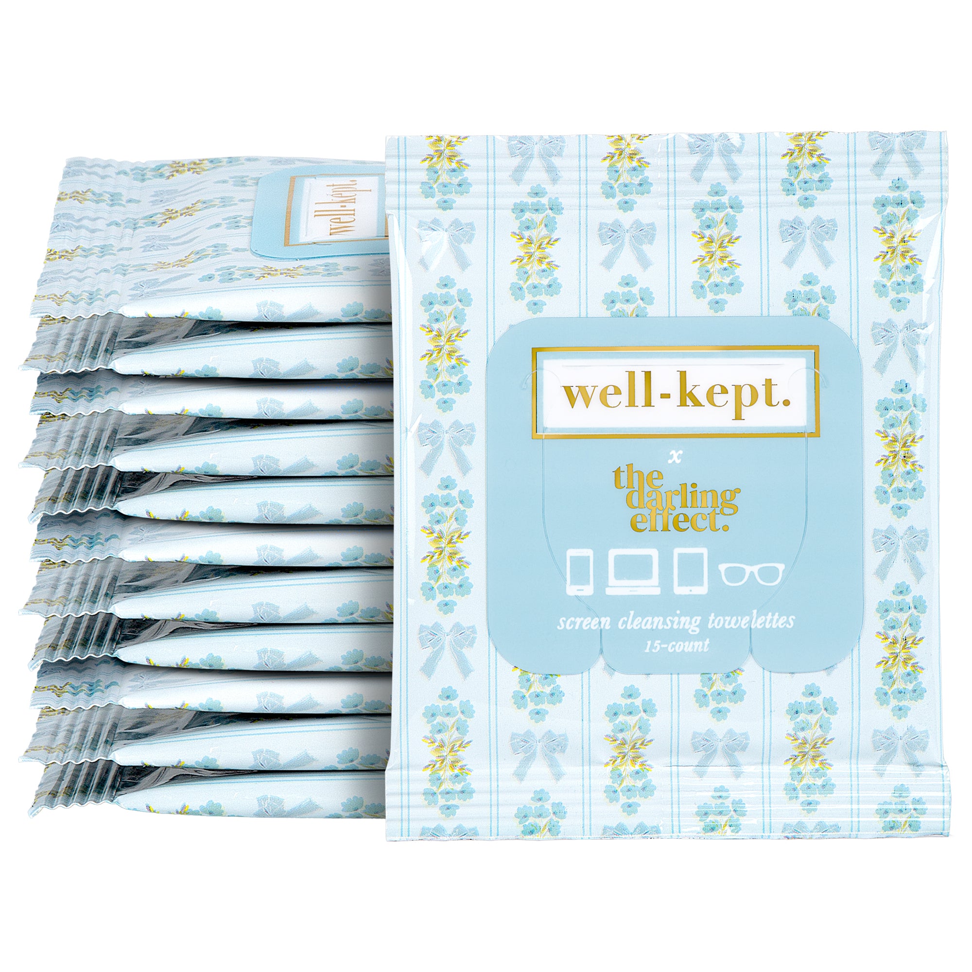 A twelve-pack (12) of JANE electronics cleaning wipes, each pack with 15 blue floral towelettes for spotless screens and devices.