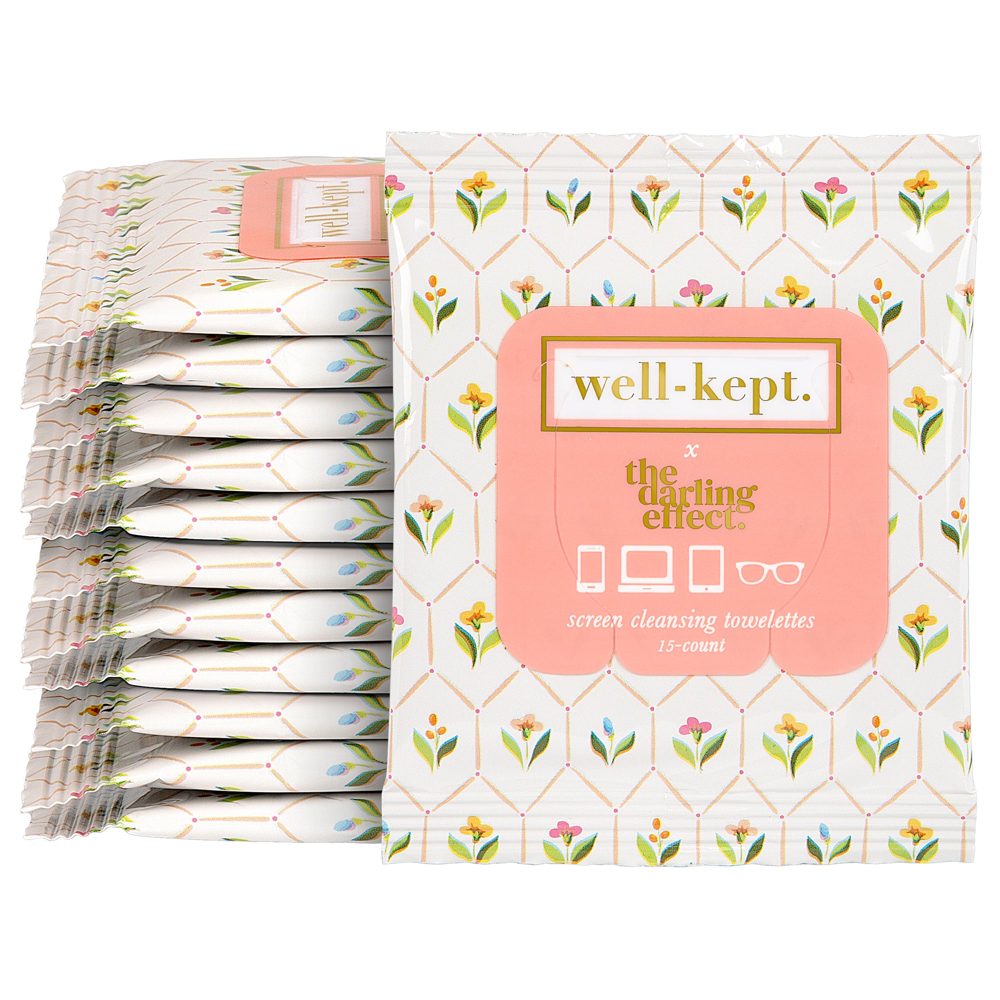 ISLA - Twelve pack (12) screen cleansing towelettes with a floral design plus icons for phone, tablet, and glasses—stylish electronic wipes that keep your devices spotless.