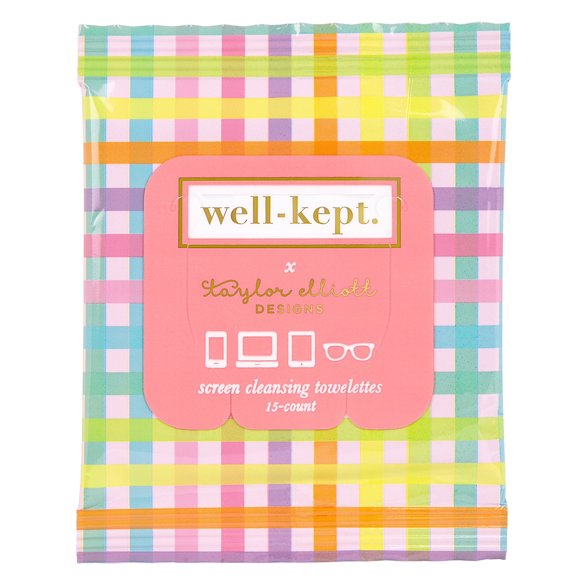 Bright plaid package of TAYLOR screen cleansing towelettes, 15-count—ideal electronics cleaning wipes for your devices by Taylor Elliott Designs.