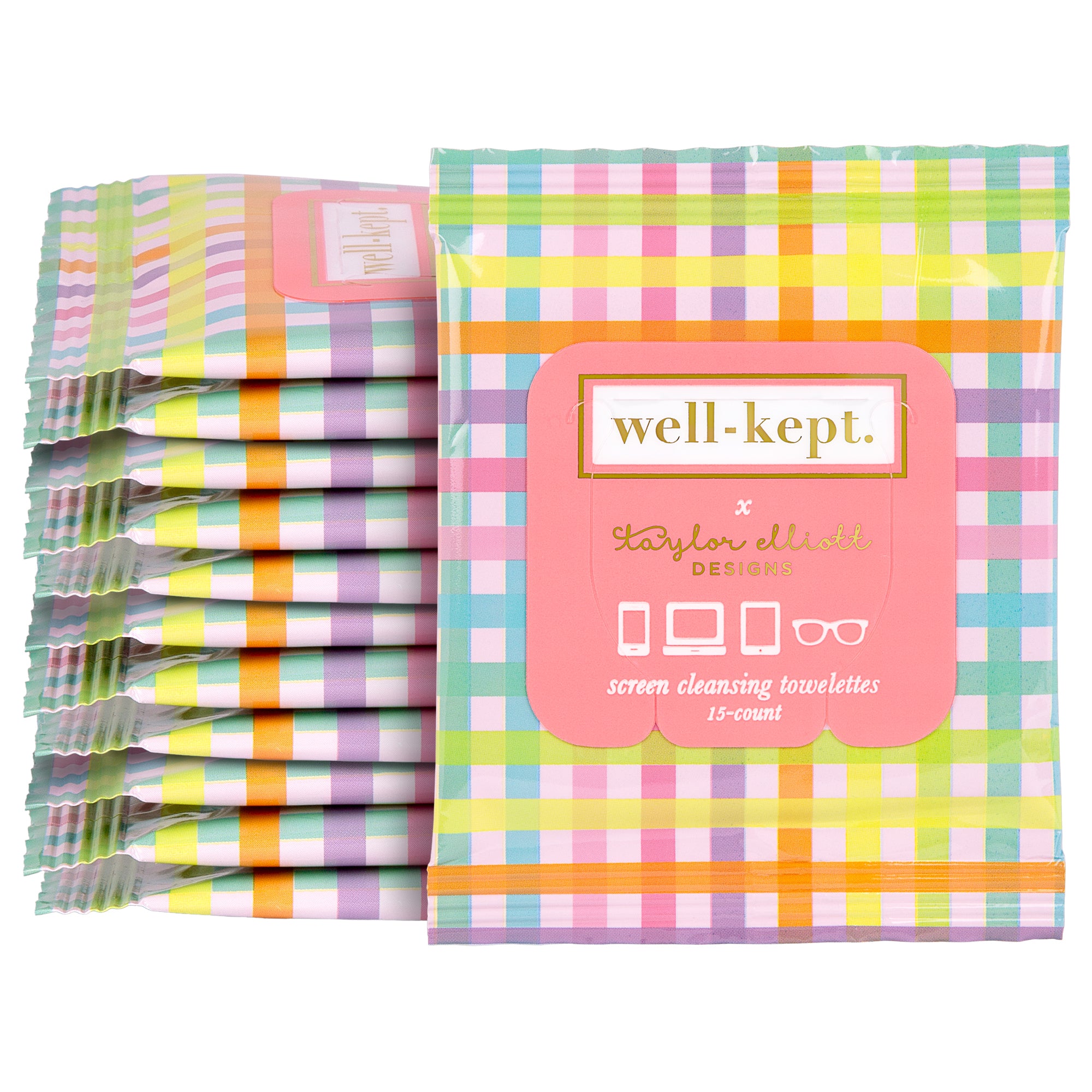 TAYLOR - Twelve pack (12) collaboration screen cleansing towelettes feature a plaid pattern and pink label—perfect for keeping your electronics spotless.