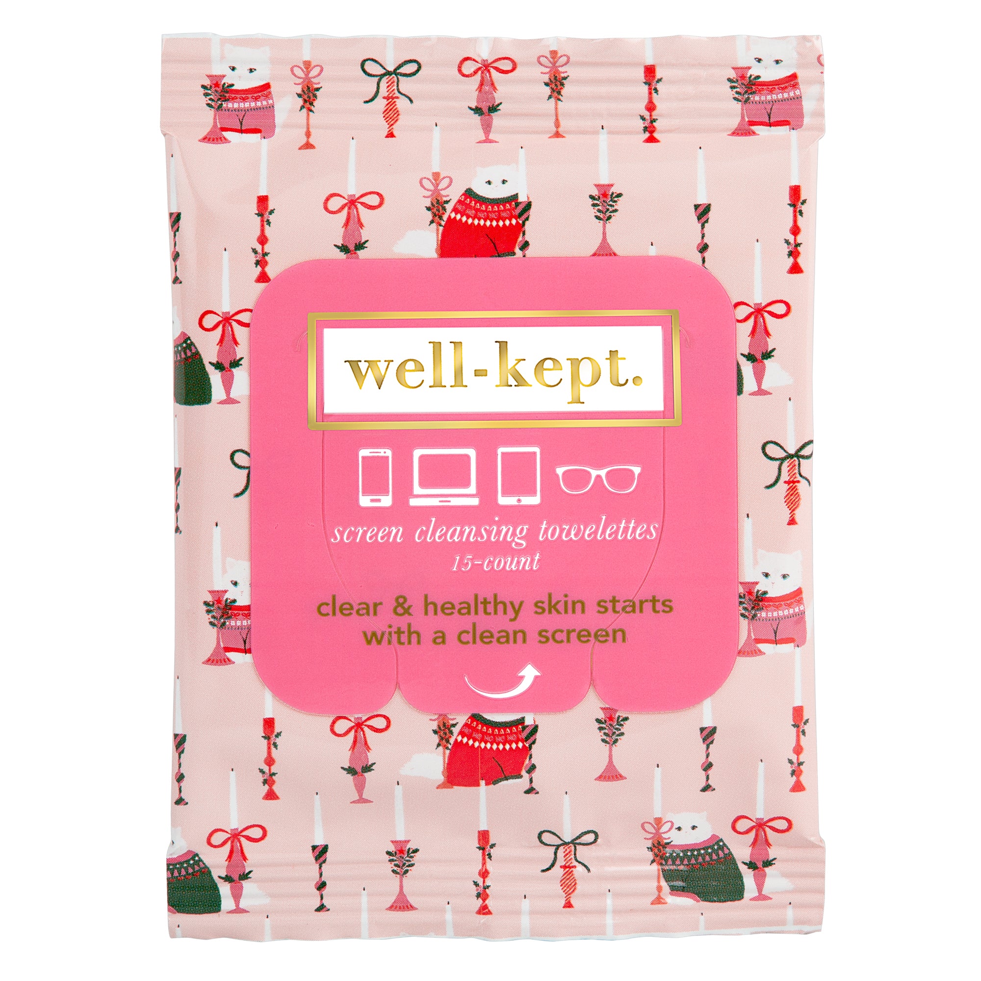 The CHOUPETTE Twelve Pack (12) features pink pre-moistened wipes with a holiday cat and sweater design, perfect for cleaning screens or electronics.