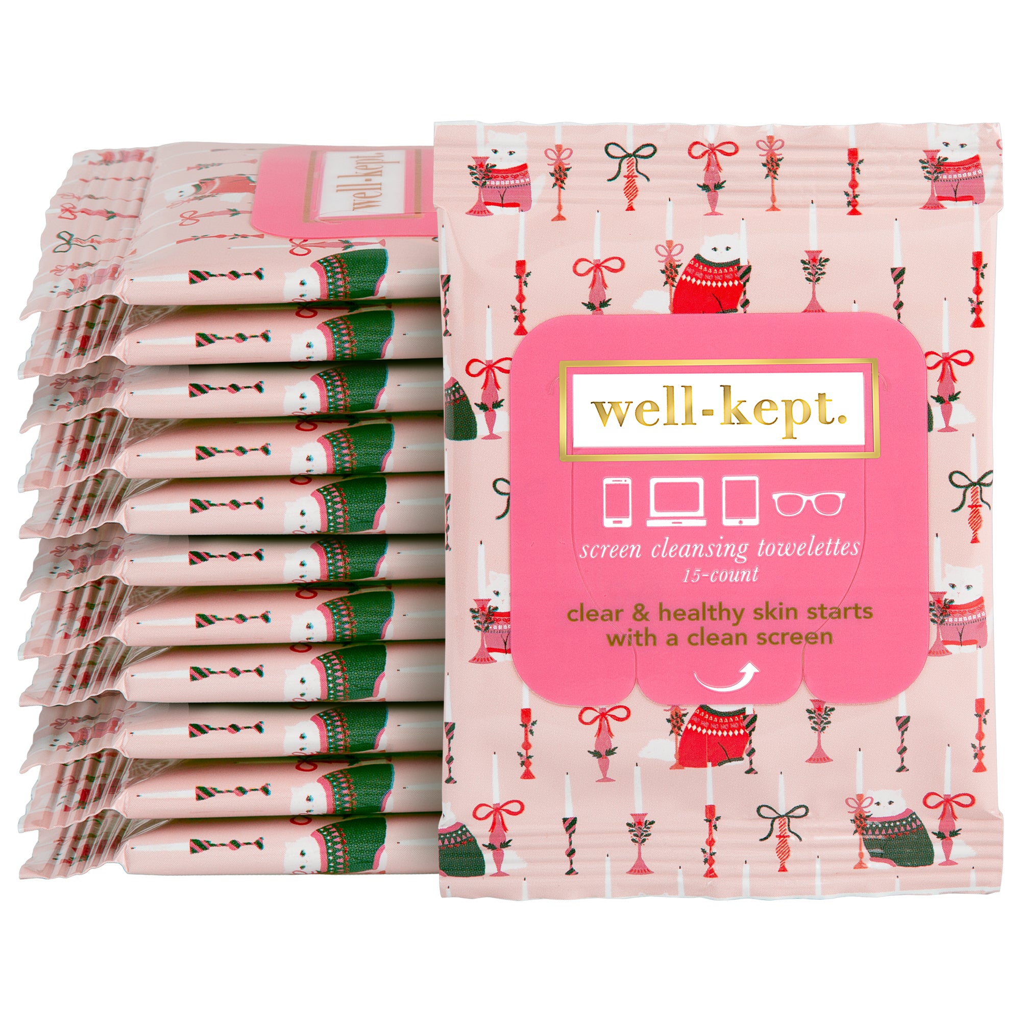 A stack of CHOUPETTE - Twelve Pack (12) pre-moistened wipes, featuring pink packaging with festive holiday designs.