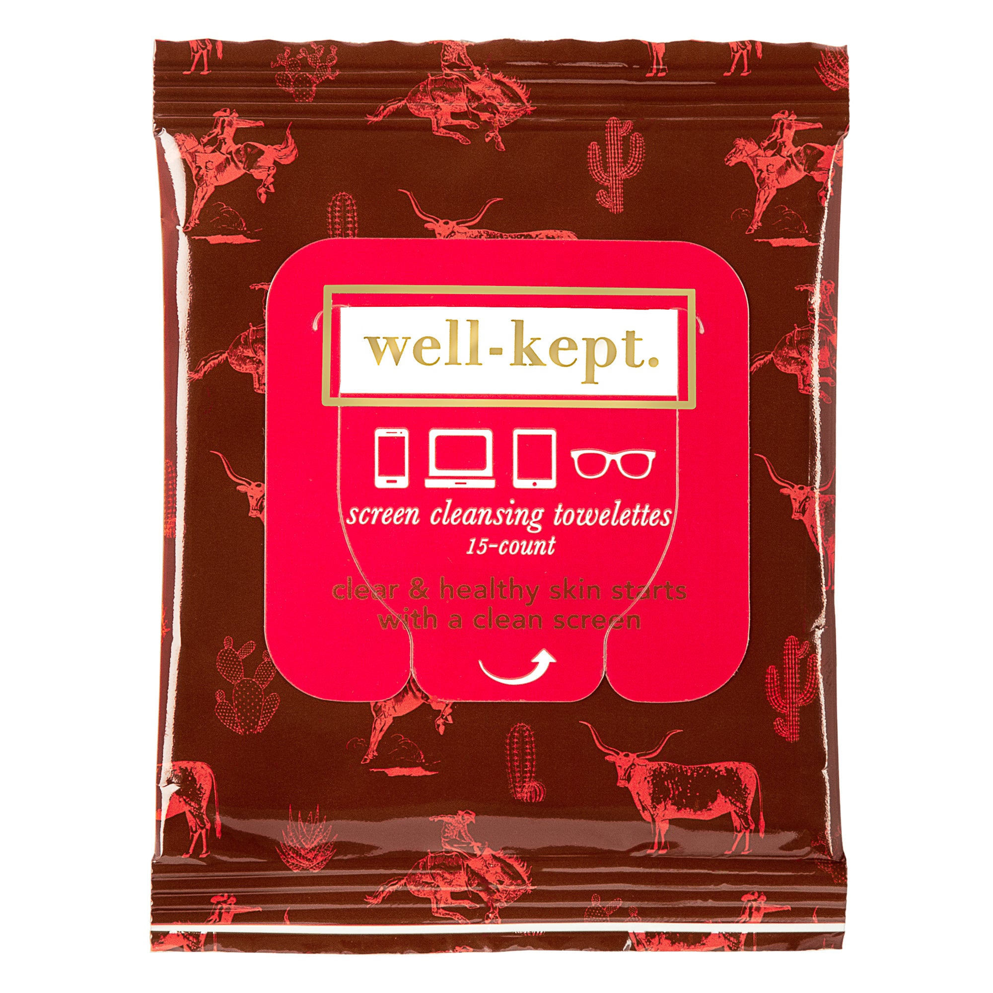 Red packet of TEXAS HOLD 'EM screen cleansing towelettes, featuring icons of a phone, tablet, and glasses—perfect wipes for cleaning and sparkling your devices’ screens and lenses.