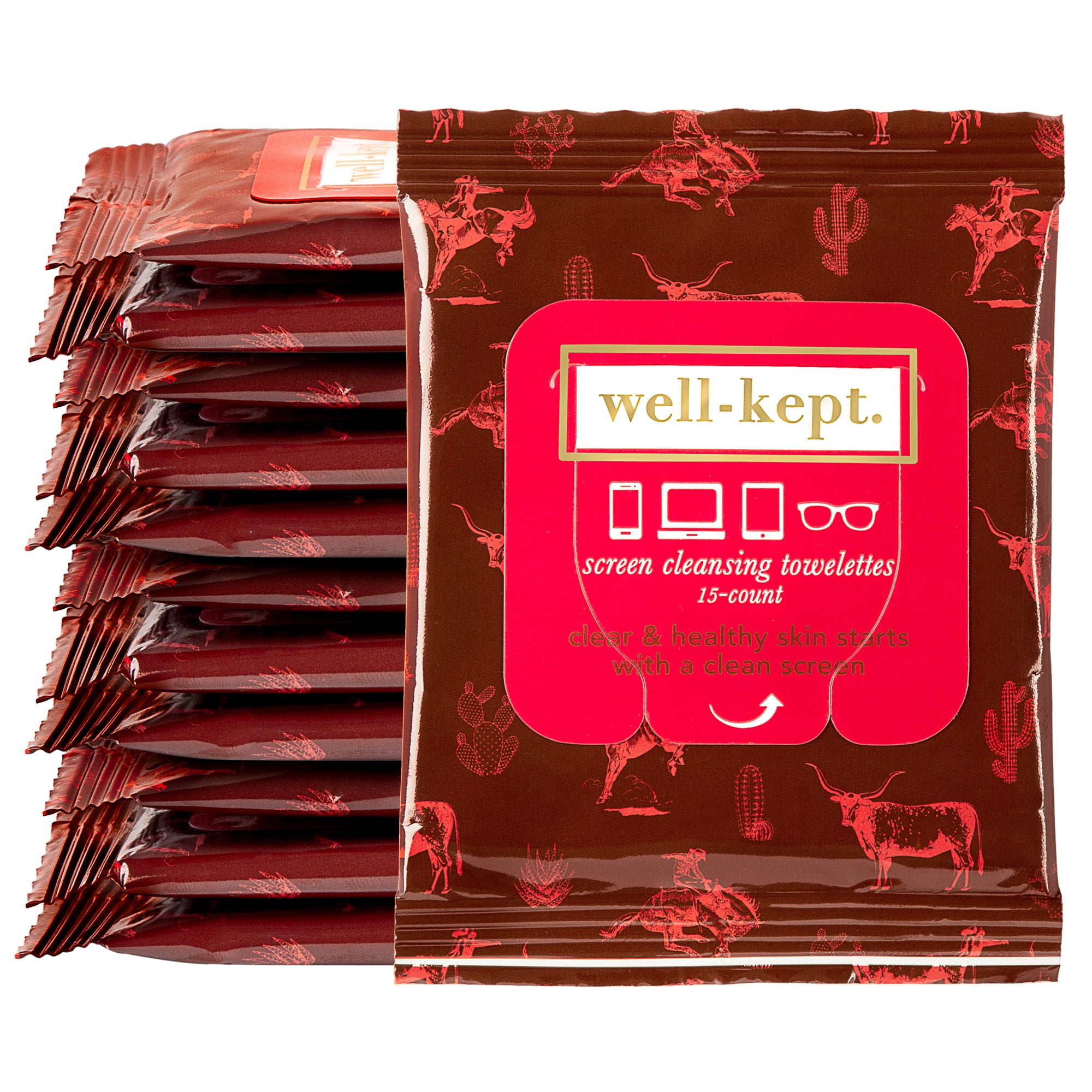 A TEXAS HOLD 'EM - TWELVE PACK (12) of pre-moistened towelettes with a red and brown western-themed design, perfect for cleaning electronics.