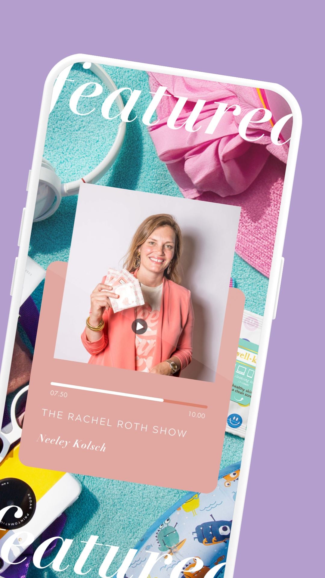 A smartphone screen displays a podcast episode featuring a smiling woman holding cash.