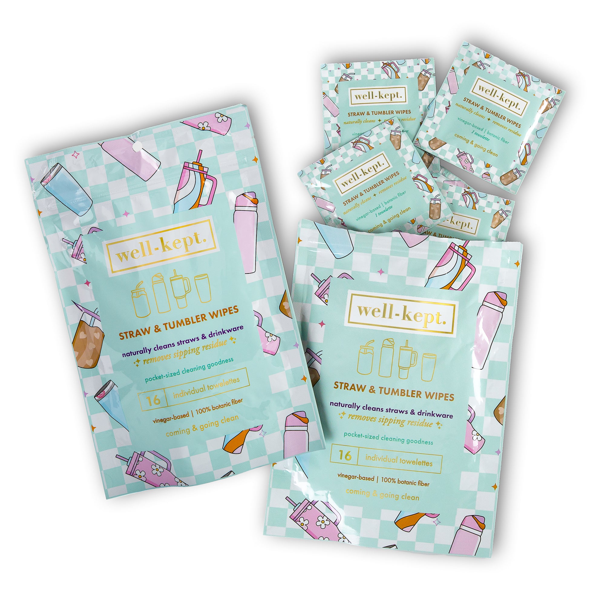 Three Pack (3) Straw + Tumbler Wipes with pastel designs, ideal for cleaning straws or drinkware, displayed in different sizes on a white background.