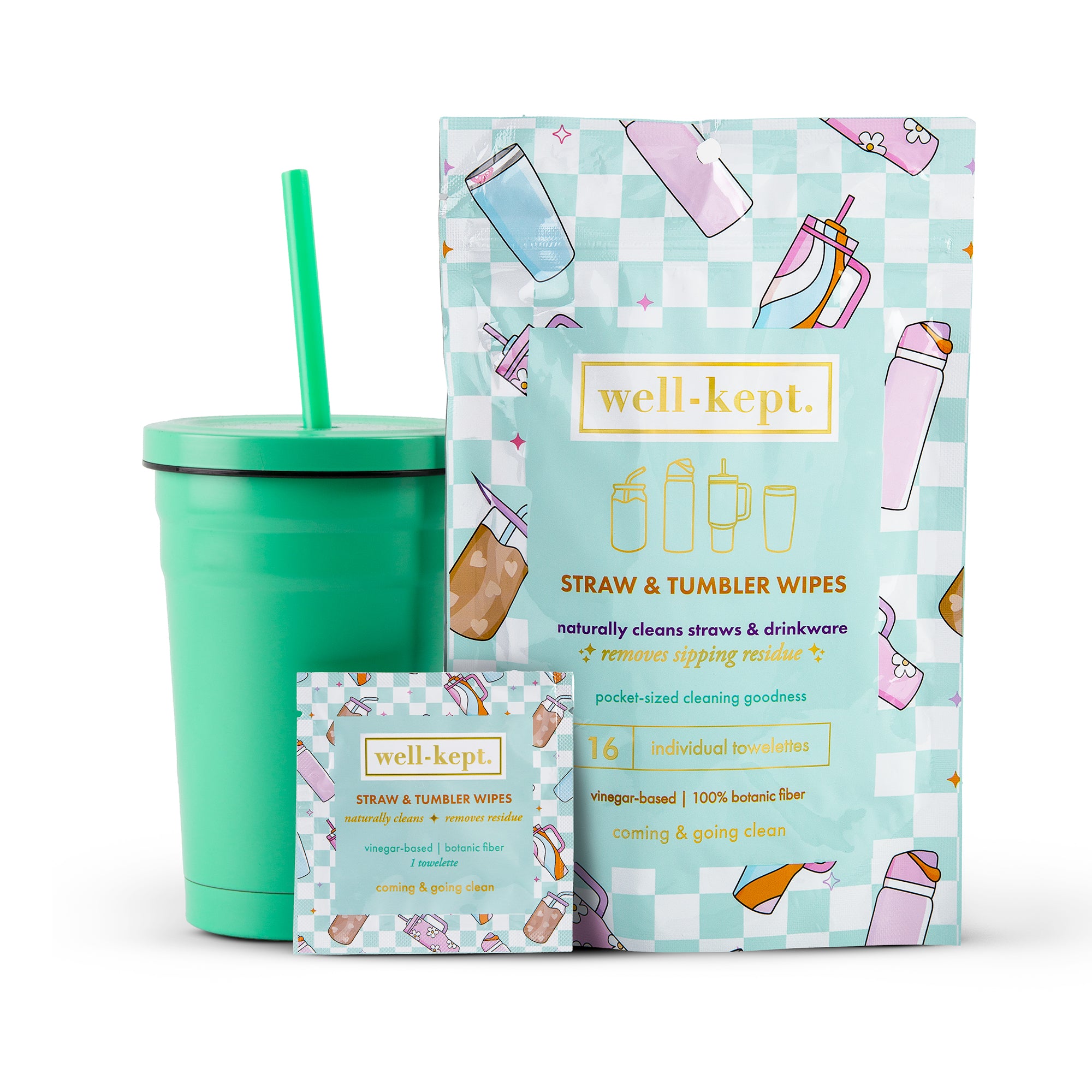 Three Pack (3) Straw + Tumbler Wipes—colorful wipes for keeping your tumbler and straw spotless on the go. Perfect for cleaning your favorite sipper anywhere.