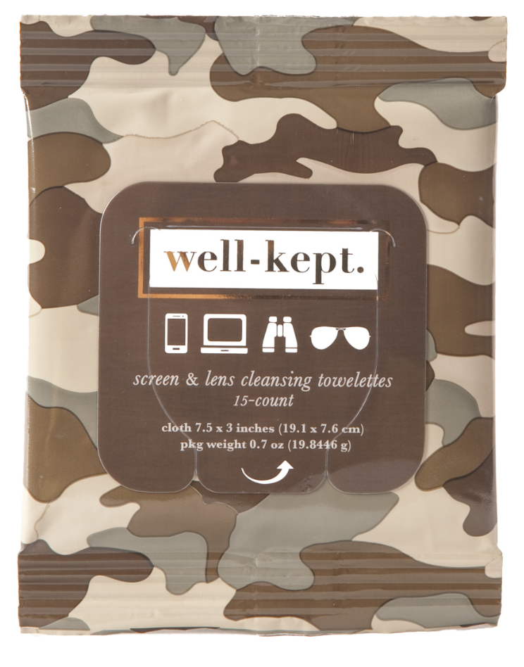 A pack of Well-Kept screen and lens cleansing towelettes with a camouflage design.