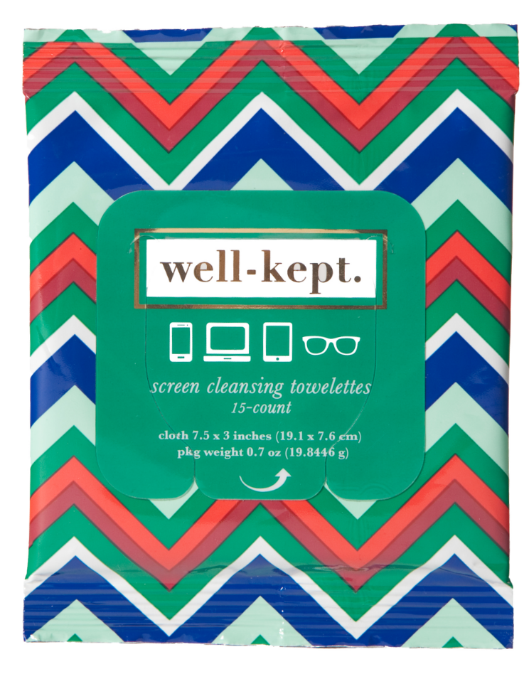 A pack of Well-Kept screen cleansing towelettes with a colorful chevron pattern on the packaging.