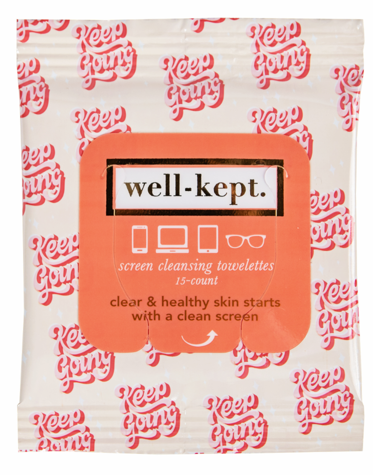 A packet of well-kept. screen cleansing towelettes with a red and white "Keep Going" pattern.