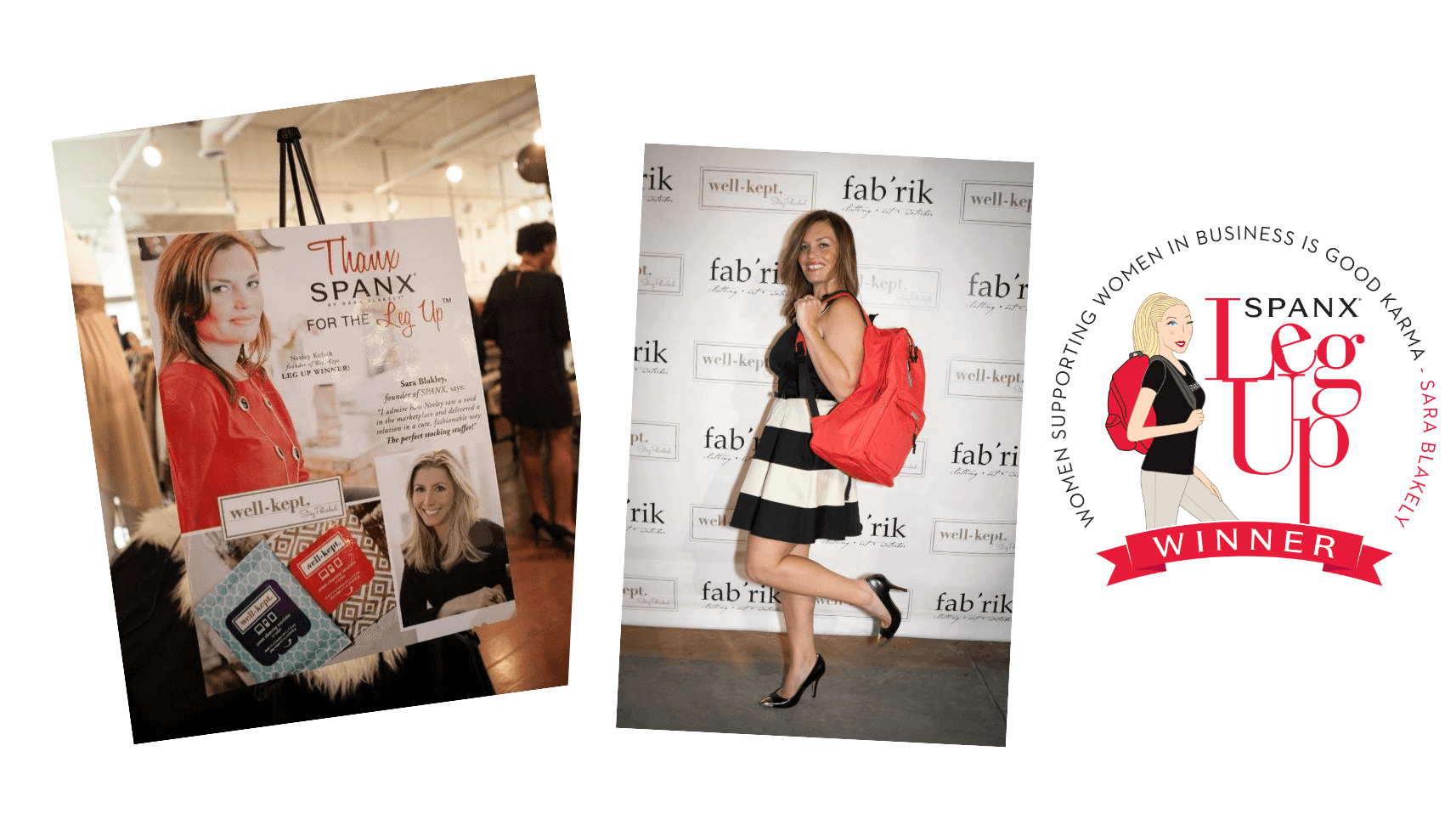 Woman posing with red bag, winner banner, and SPANX display at a celebratory business event.