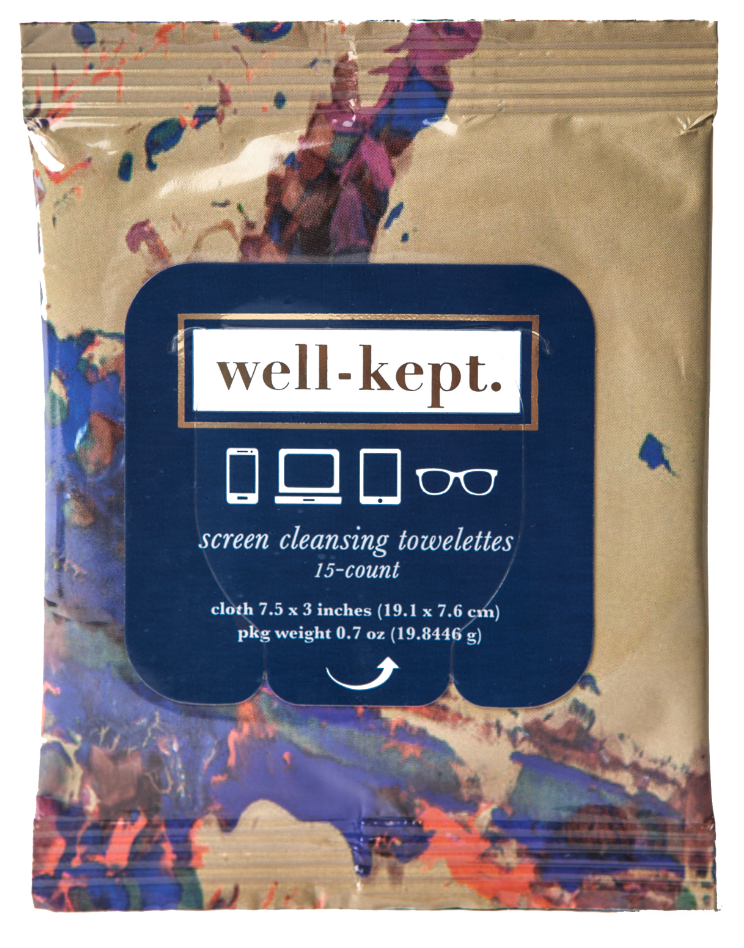 A colorful pack of Well-Kept screen cleansing towelettes for phones, tablets, and glasses.