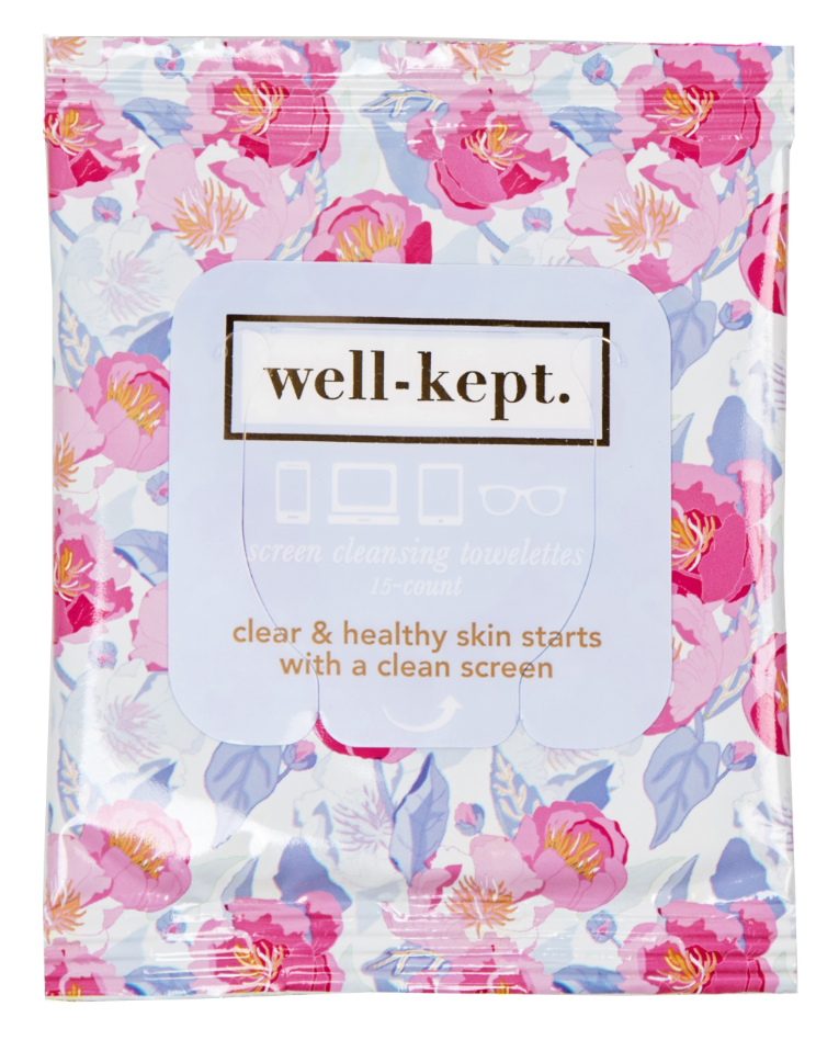 A floral packet of Well-Kept screen cleansing towelettes with text promoting clean screens for healthy skin.