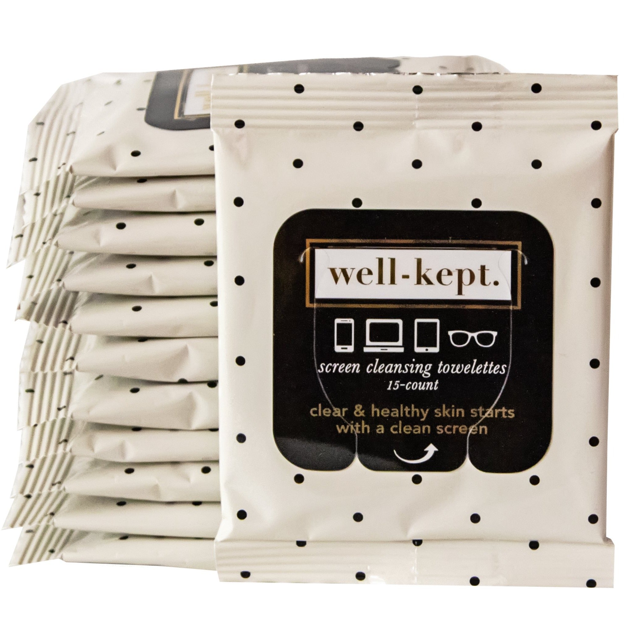 A stack of screen cleansing towelettes packages with 'Well-Kept' branding and black and nude color design, labeled as a twelve pack.