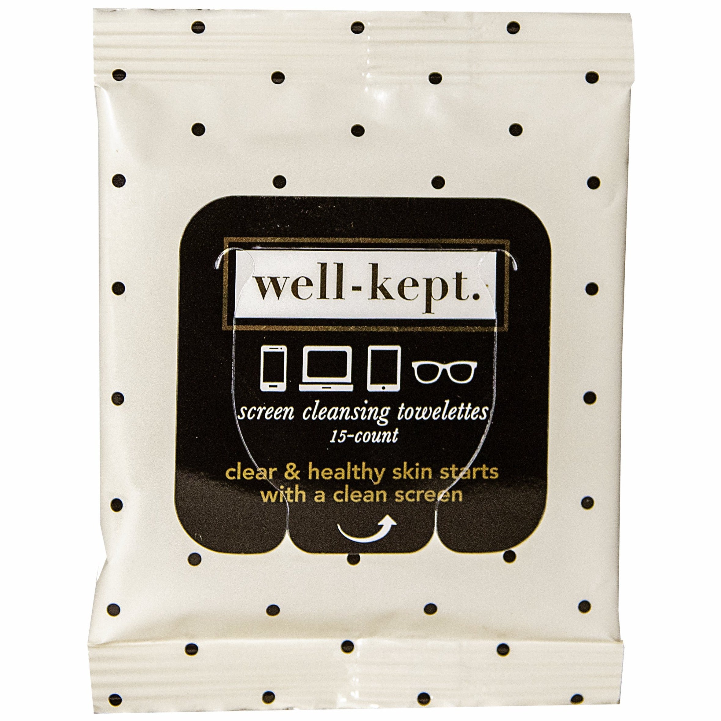 A pack of Well-Kept screen cleansing towelettes with a black and white polka dot design on the packaging, indicating the product is part of the 'Jackie' Collection and contains 15 count.