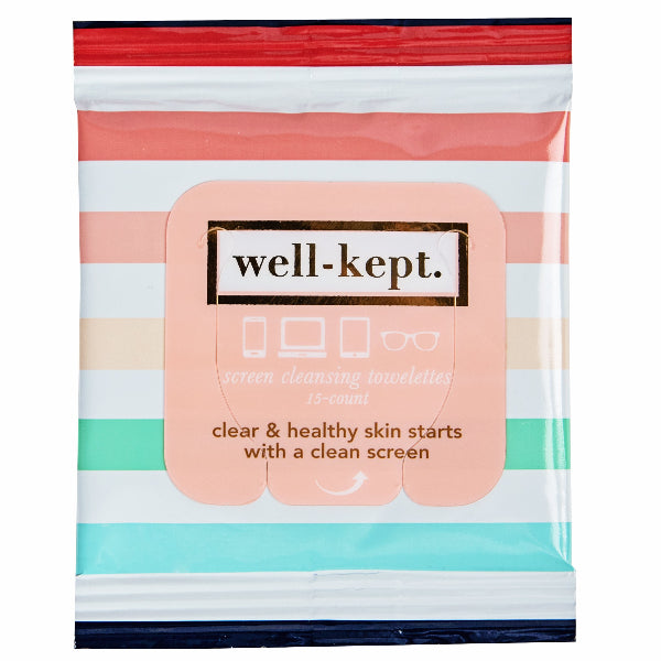 A pack of Well-Kept. Screen Cleansing Towelettes with a pink, blue, and white striped packaging, labeled 'clear & healthy skin starts with a clean screen'.