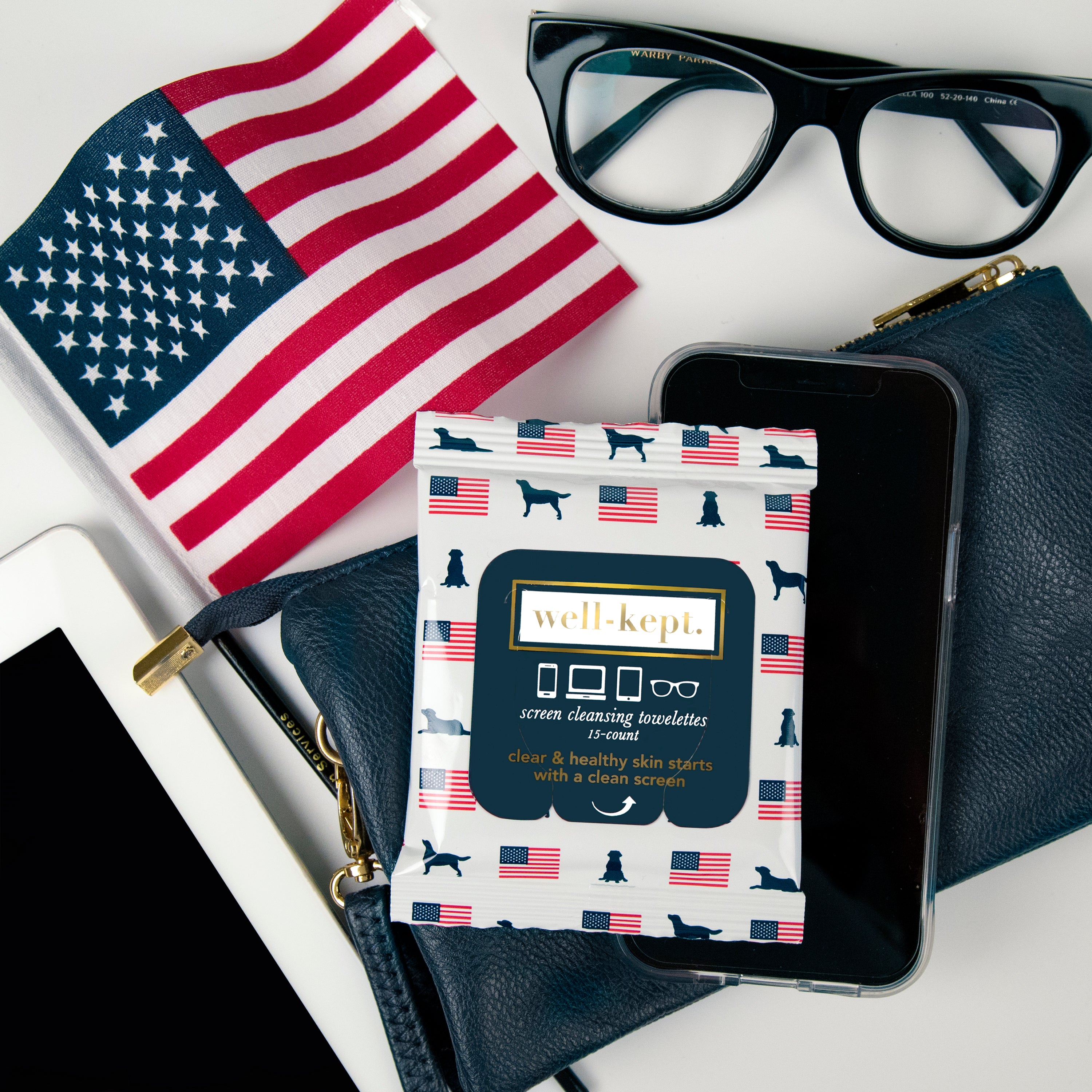 OLD GLORY- Twelve Pack (12) screen cleansing towelettes with an American flag design, perfect for cleaning glasses, wallet, phones, and more. Proudly made in the USA for spotless electronics and daily essentials.
