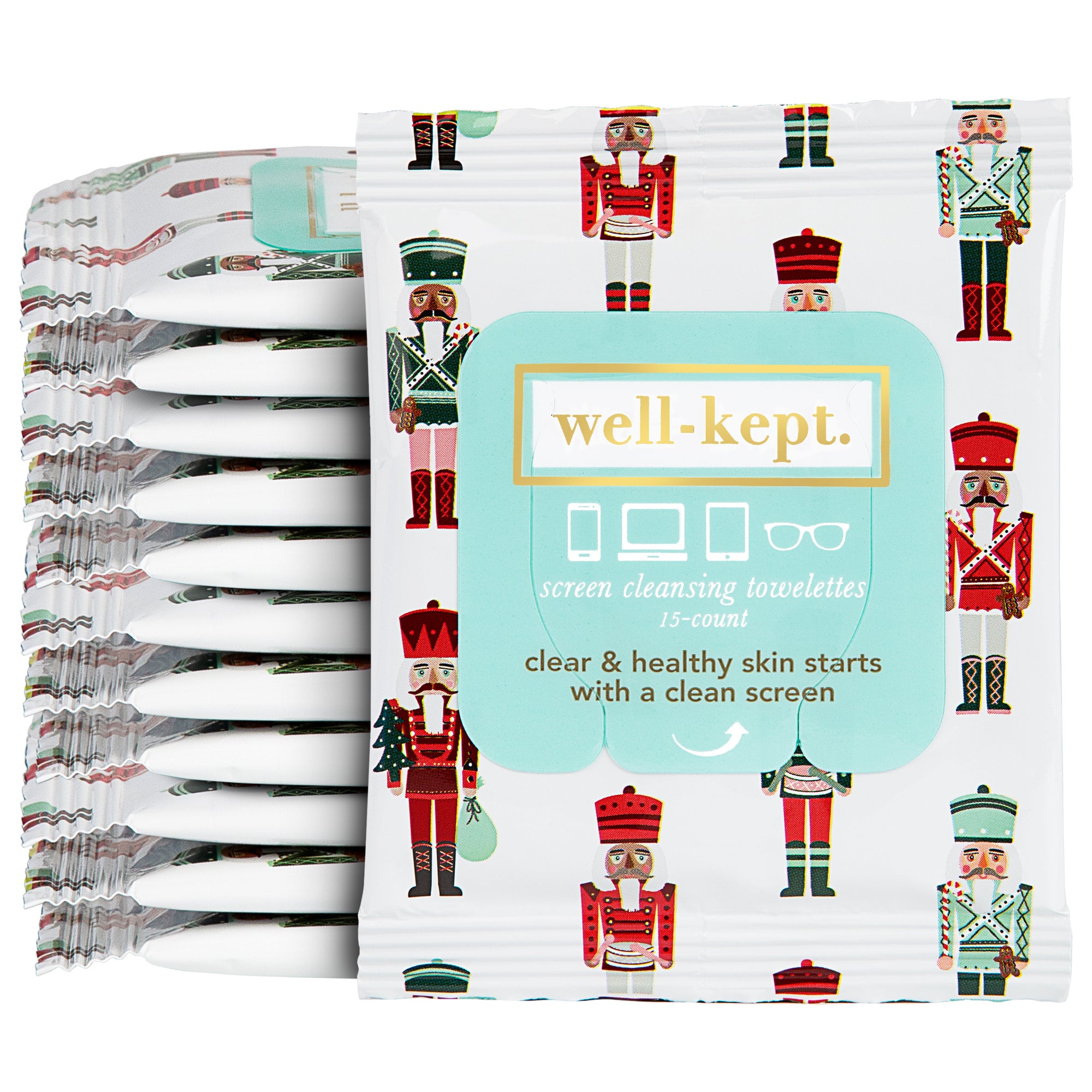 A twelve-pack of NUTCRACKER electronics cleaning wipes featuring a nutcracker design on the packaging.