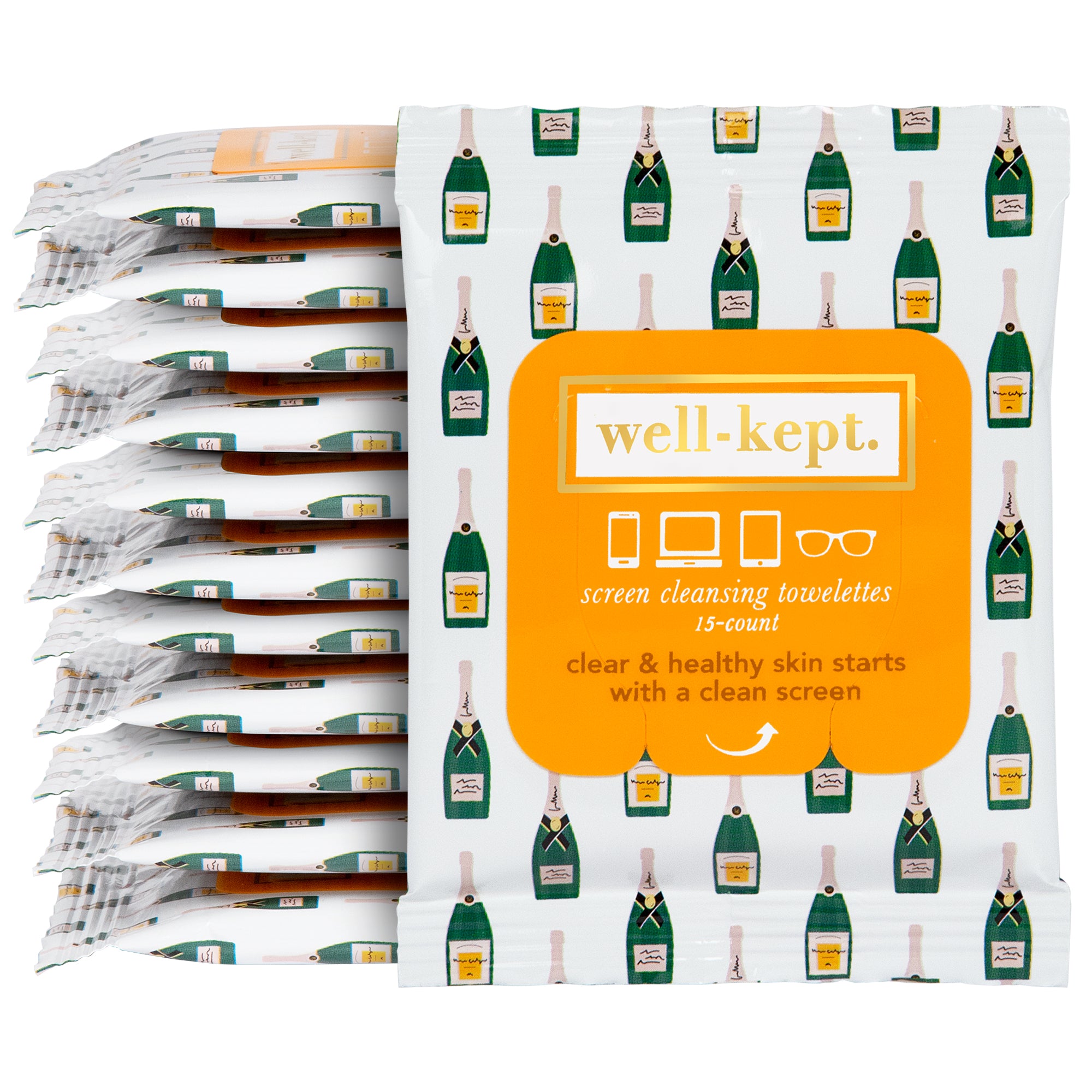 A stack of BUBBLY - TWELVE PACK (12) pre-moistened towelettes features champagne bottle designs—perfect for cleaning electronics or using as chic lens wipes.
