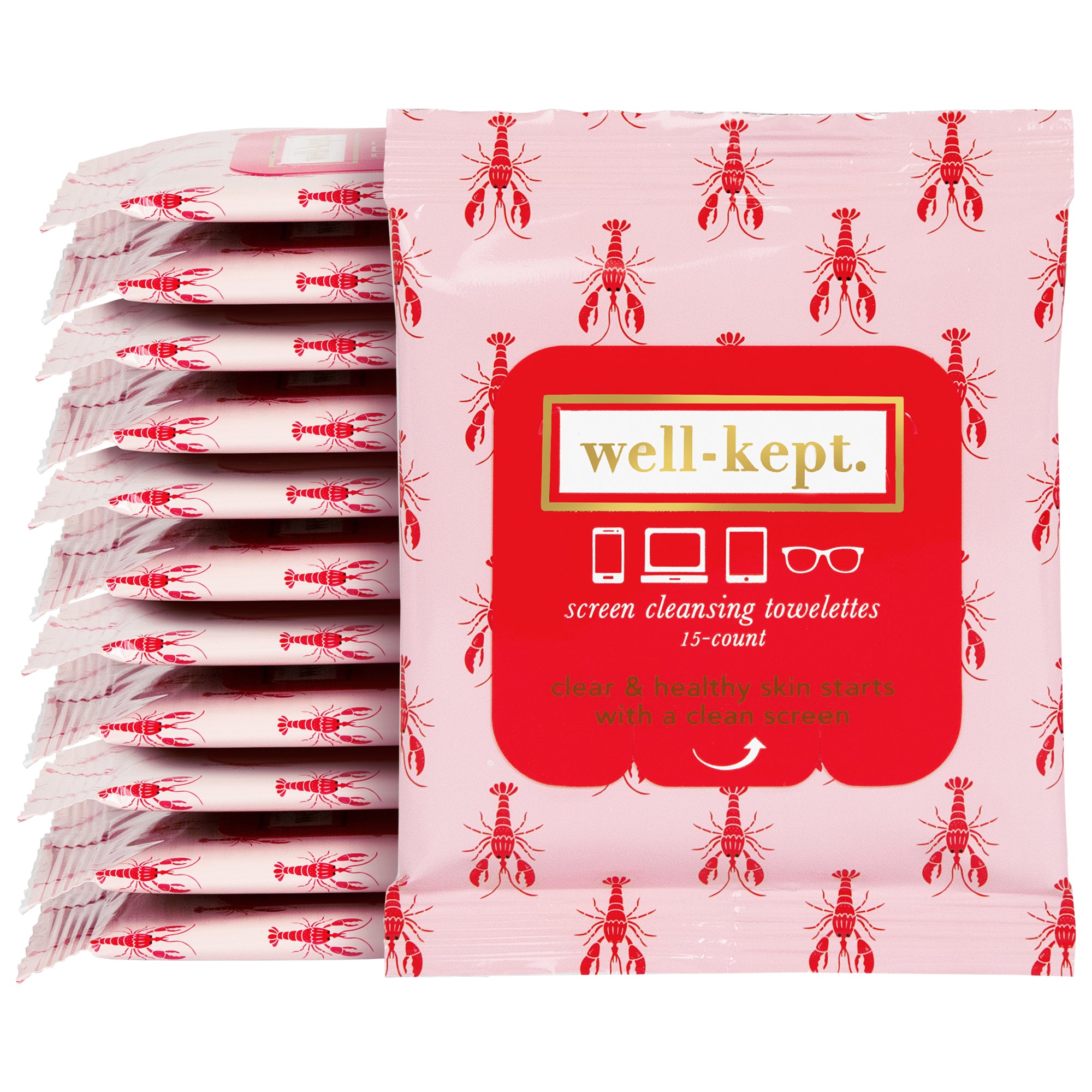 Experience electronics cleaning with LOBSTERFEST - TWELVE PACK (12): pink pre-moistened towelettes featuring red crawfish designs, perfect for adding Lobsterfest flair to your routine.
