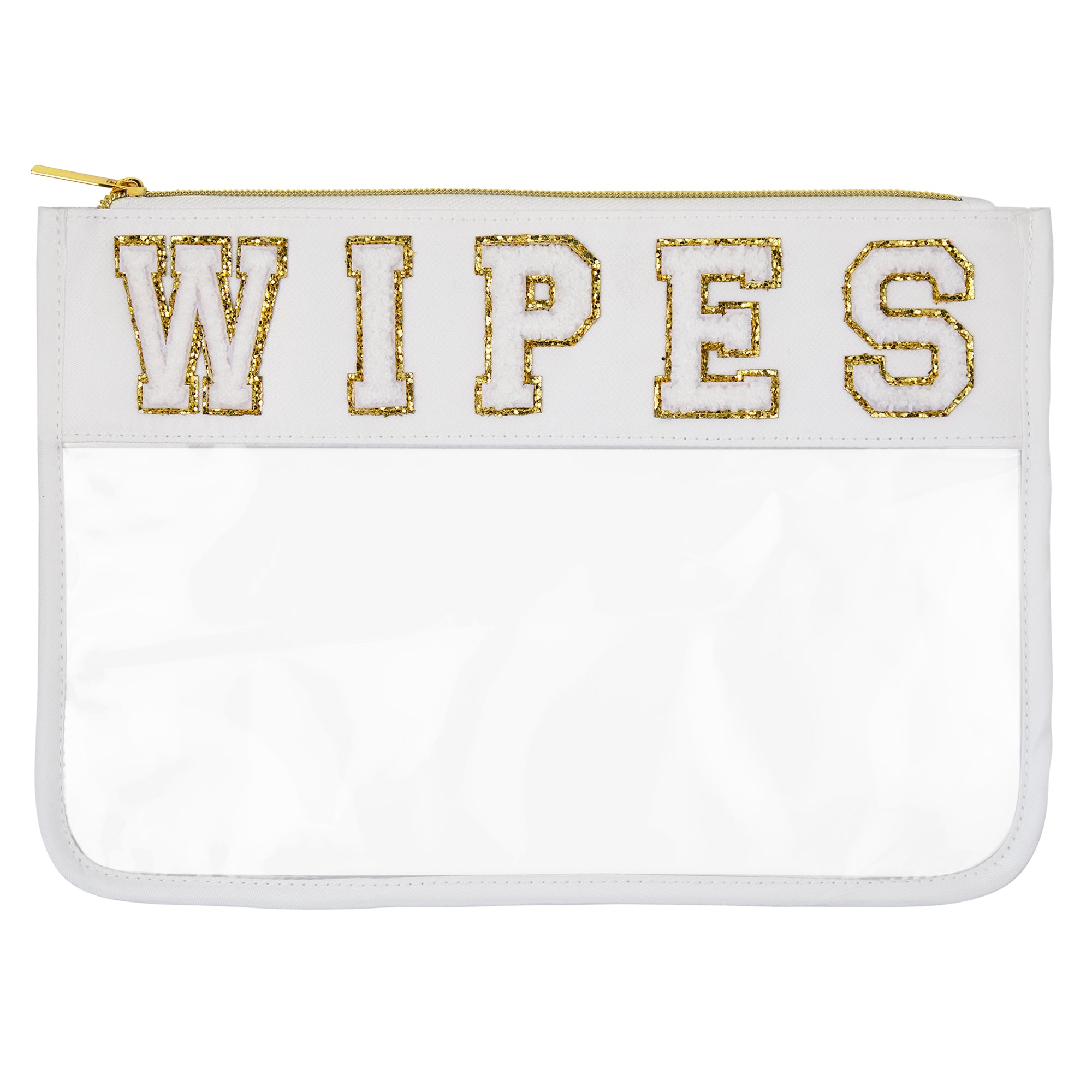 THE CLEAR WIPES POUCH features a white pouch with gold chenille "WIPES" letters, a clear front pocket, and a gold zipper closure.