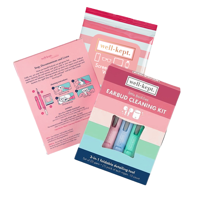 Better Days Little Buddies earbud cleaning kit box with Well-Kept screen and lens wipes pack