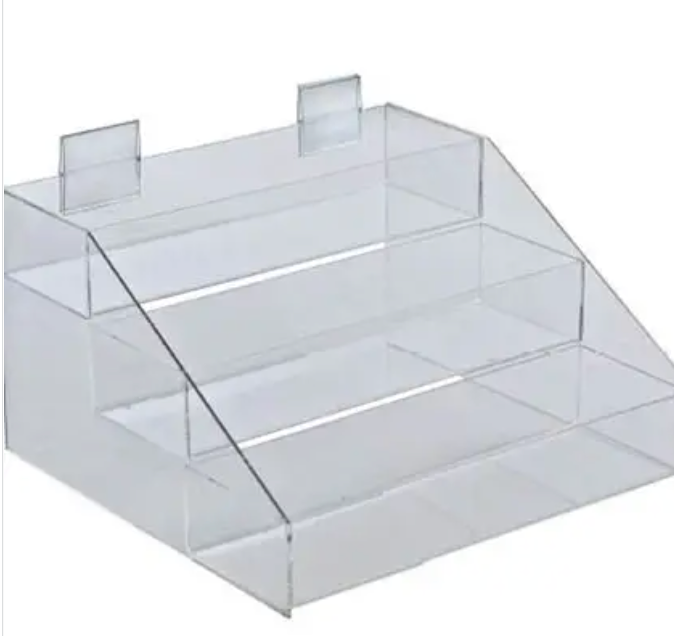 The ACRYLIC 3-TIERED COUNTER DISPLAY features angled shelves for versatile merchandise or acrylic wipe display, plus two back hooks for easy wall mounting.