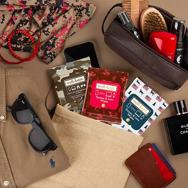 Texas Hold 'Em print Well-Kept screen and lens wipes pack styled in a men's grooming flat lay with a dopp kit, wallet, sunglasses, and cologne