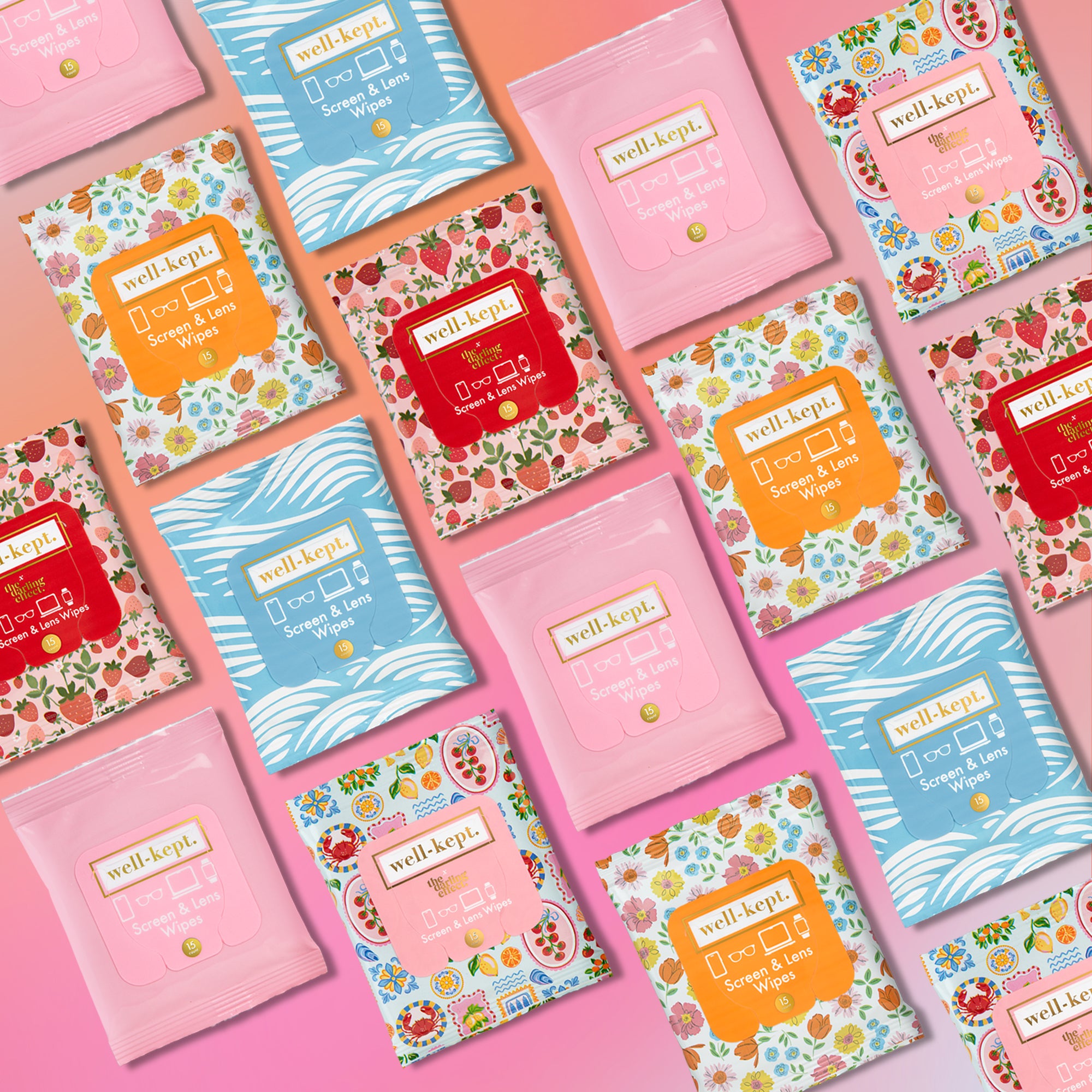 Grid of assorted Well-Kept screen and lens wipes packs in bright summer patterns, including waves, florals, and fruit prints