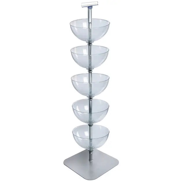 The ACRYLIC 5-BOWL FLOOR DISPLAY features five clear acrylic bowls stacked on a metal floor stand with a square base—ideal for showcasing wipes or similar items in any environment.